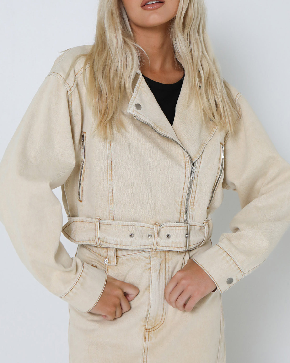 Lost In Lunar Women's Hutton Biker Jacket - Beige Denim