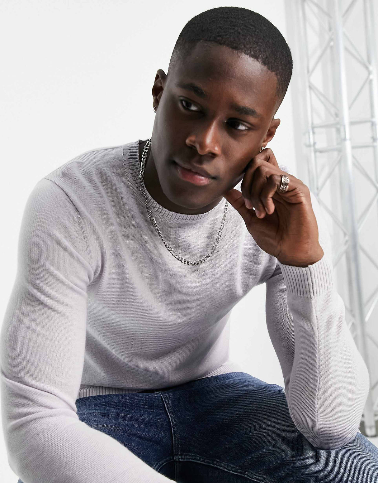 Asos Design Muscle Fit Merino Wool Crew Neck Jumper In Ice Grey