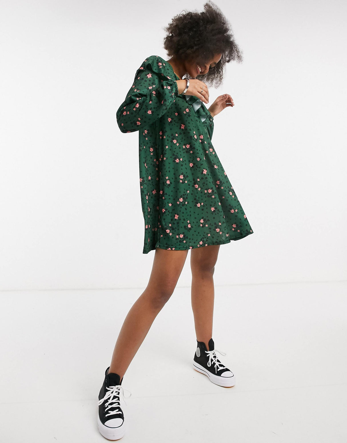 Asos Design Long Sleeve V Neck With Tie Neck Detail In Forest Green And Pink Floral