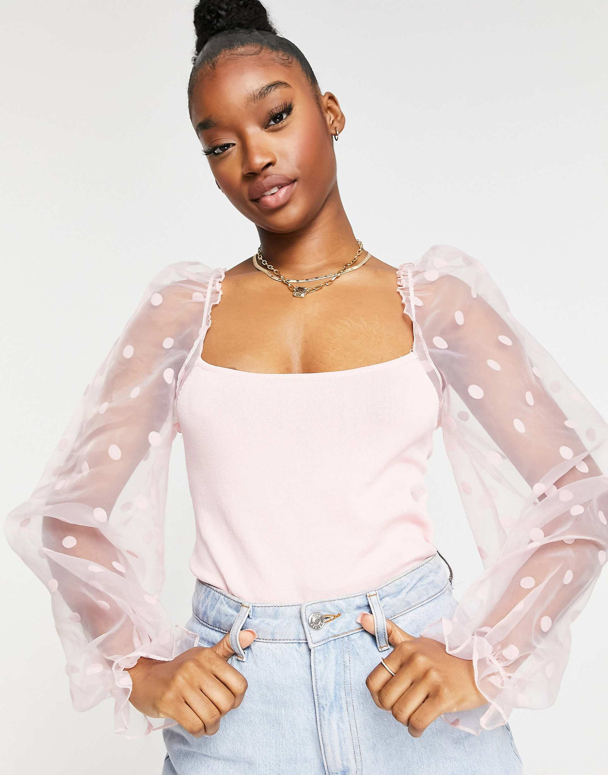 Asos Design Jumper With Spot Organza Sleeve