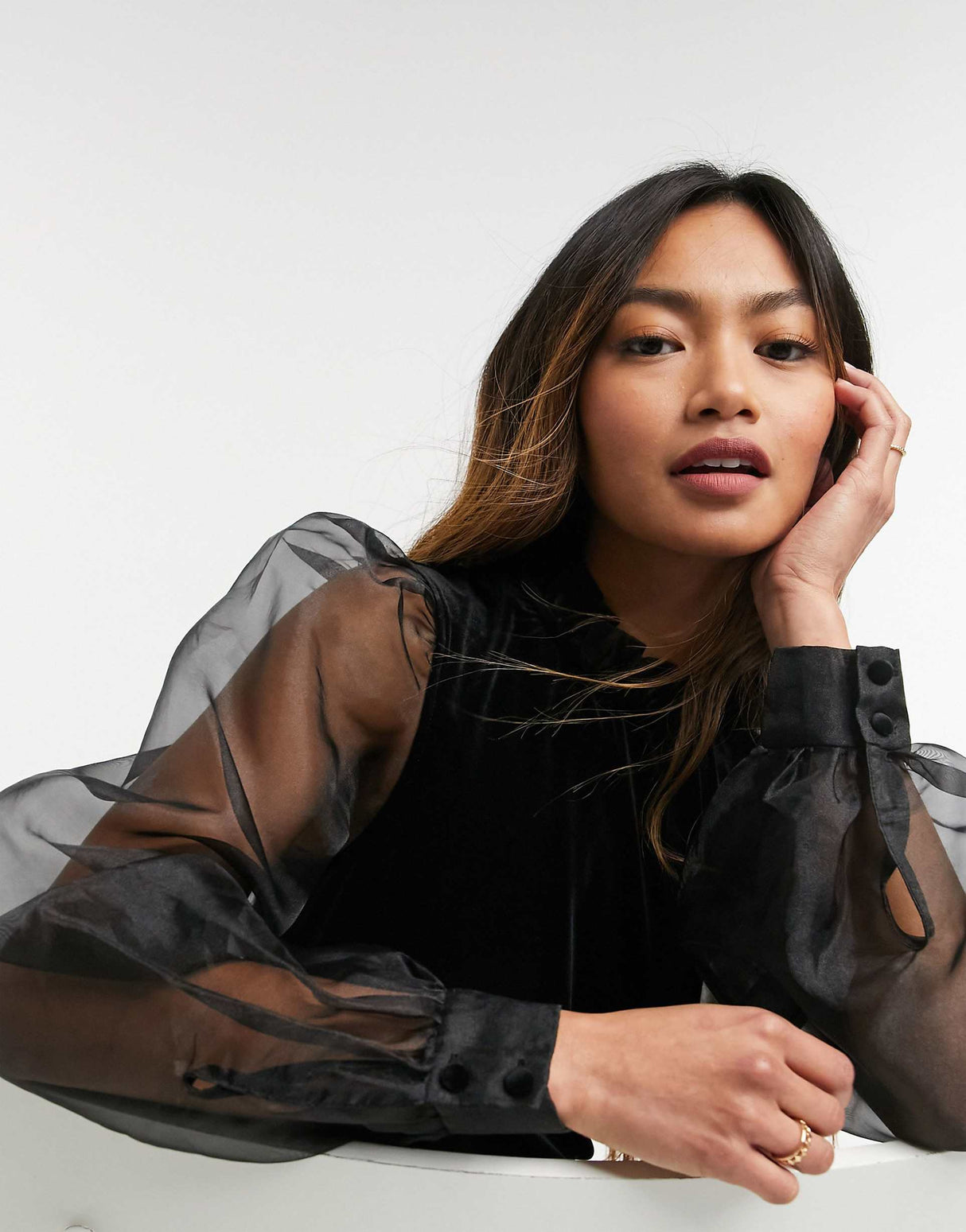 & Other Stories Velvet Mini Dress With Organza Sleeves In Black