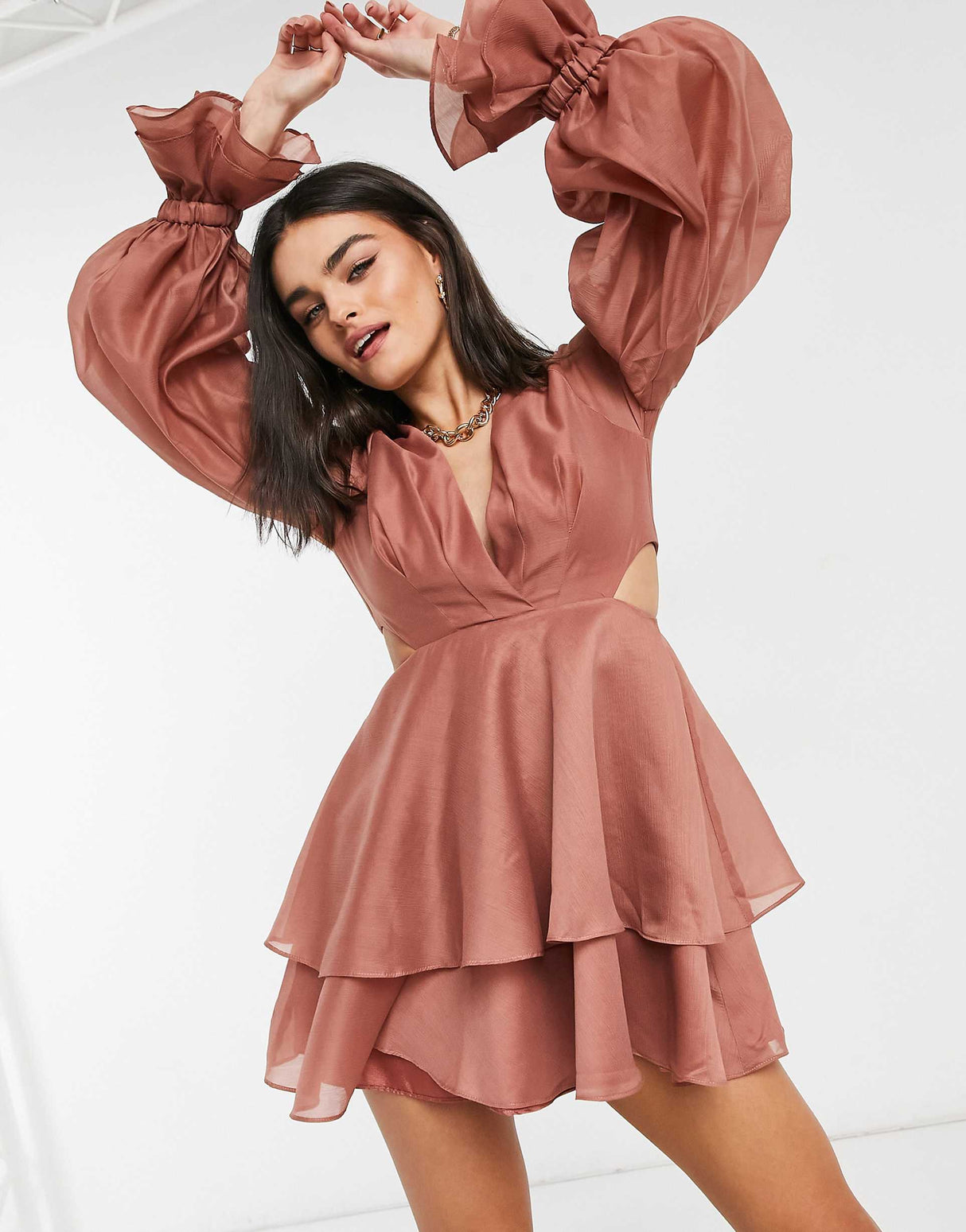 Asos Design Pleated Mini Dress With Blouson Sleeve And Cuff Detail In Rose