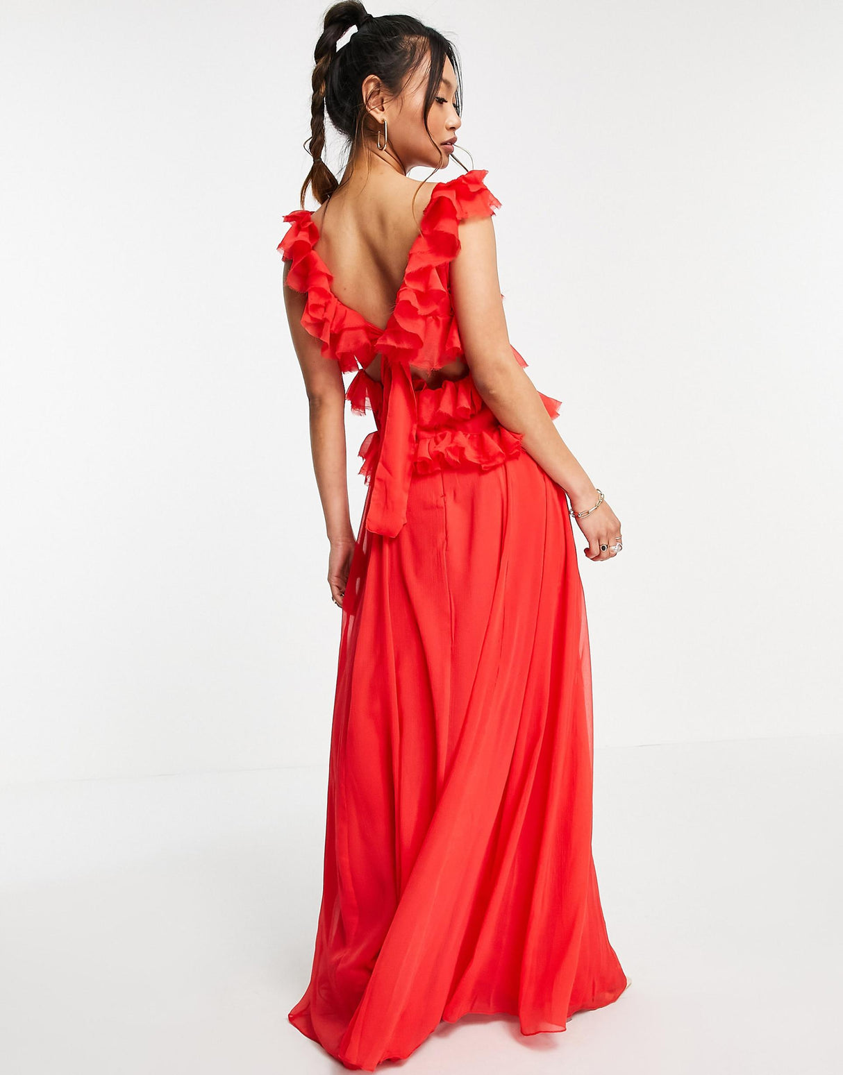Asos Design Tiered Ruffle Maxi Dress With Tie Back In Red