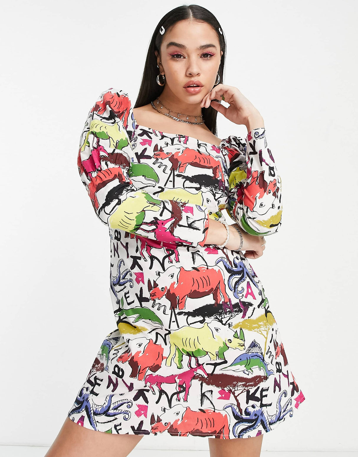 Asos Made In Kenya Linen Dress In Animal Illustration Print