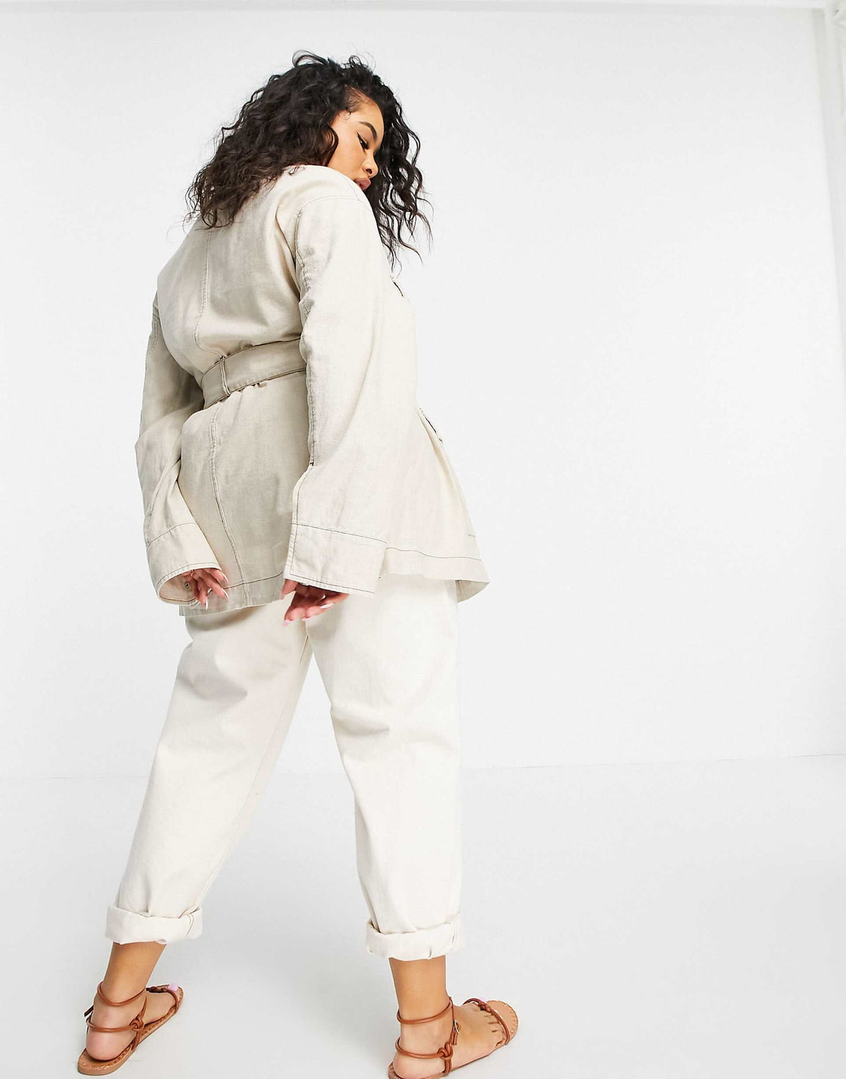 Asos Design Curve Slouchy Four Pocket Linen Jacket In Natural