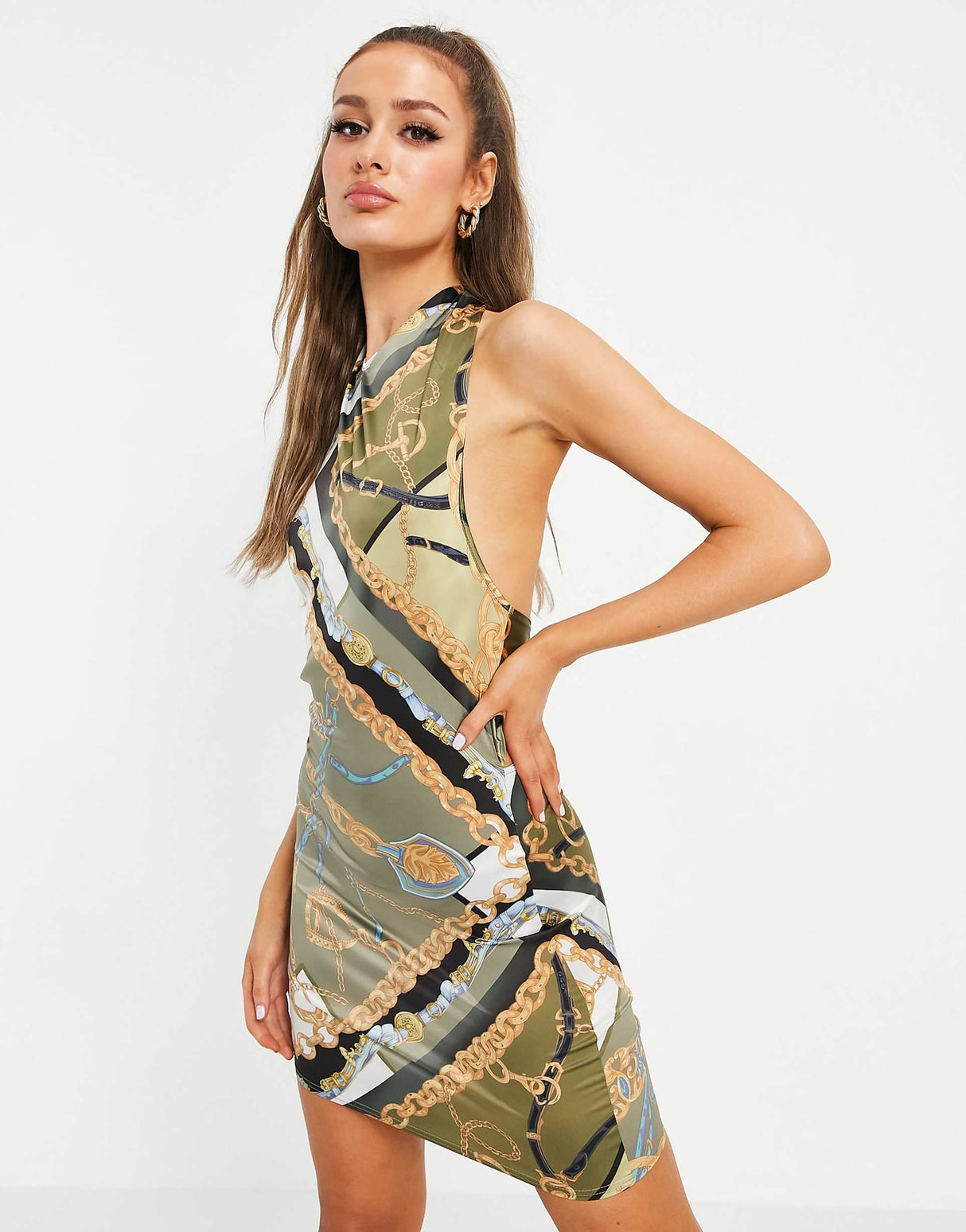 Asos Design Halter Neck Satin Mini Dress In Scarf Print