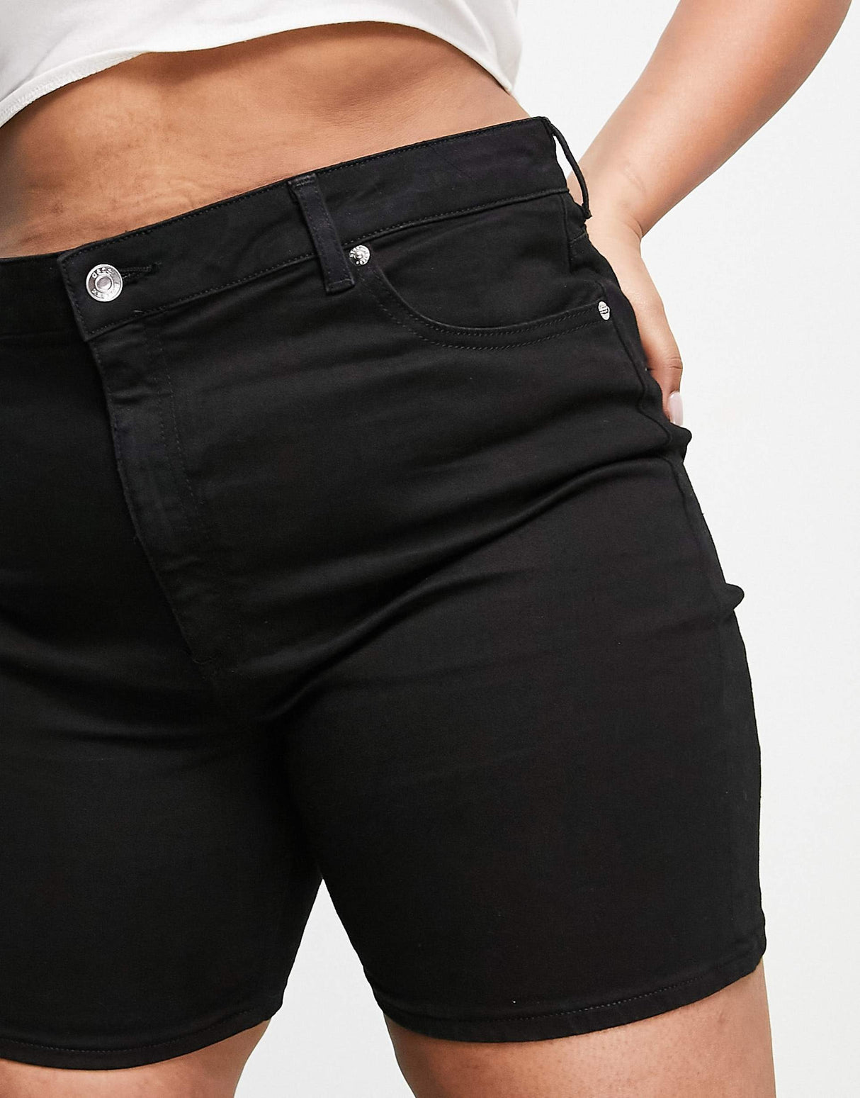 Asos Design Curve Denim High Rise 'Skinny' Stretch Shorts In Clean Black