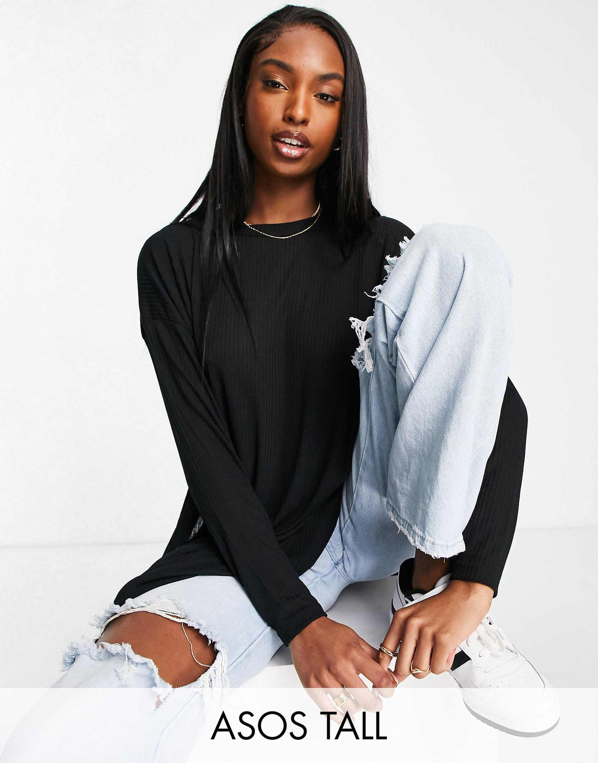Asos Design Tall Top With Side Splits And Long Sleeve In Clean Rib In Black