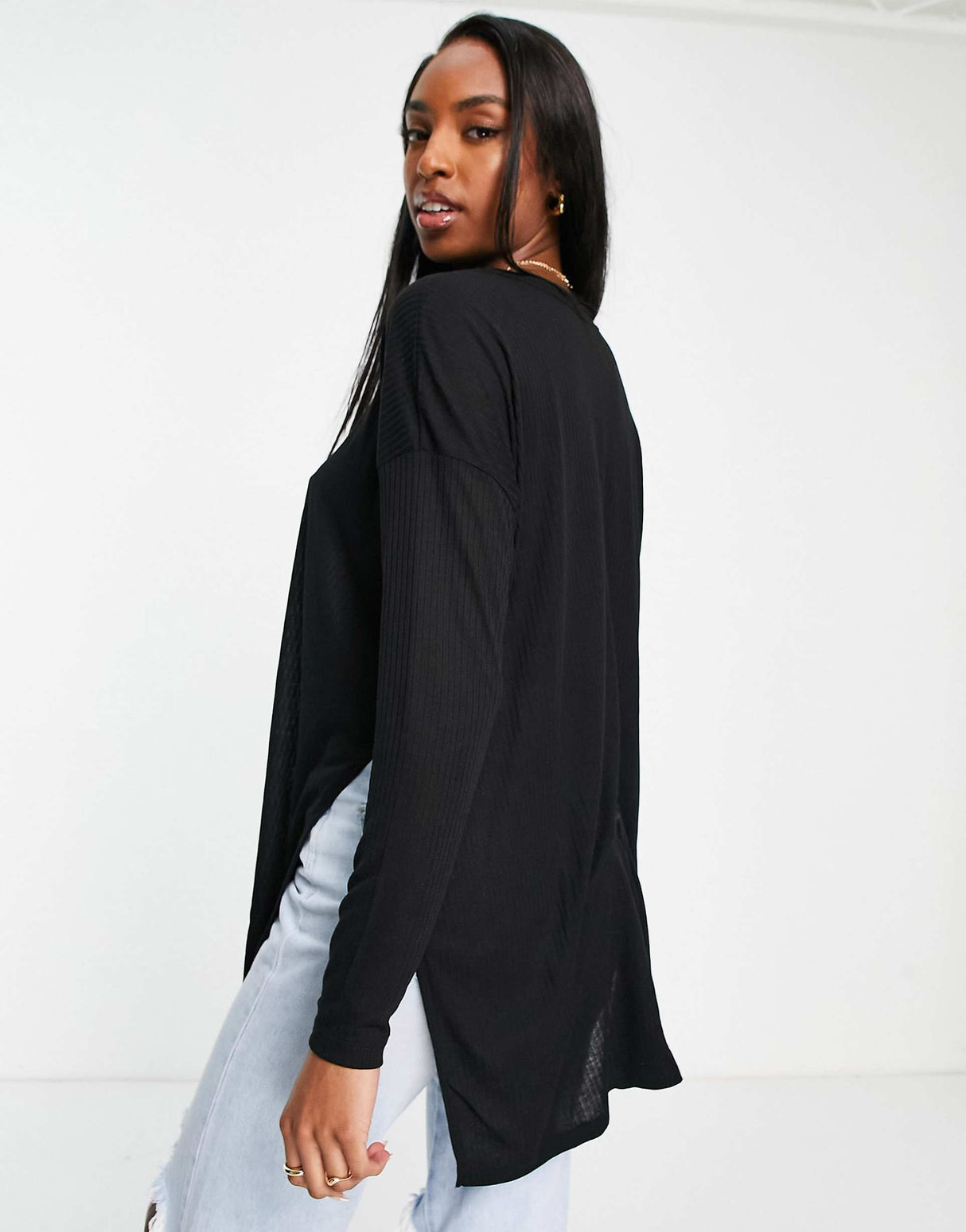 Asos Design Tall Top With Side Splits And Long Sleeve In Clean Rib In Black