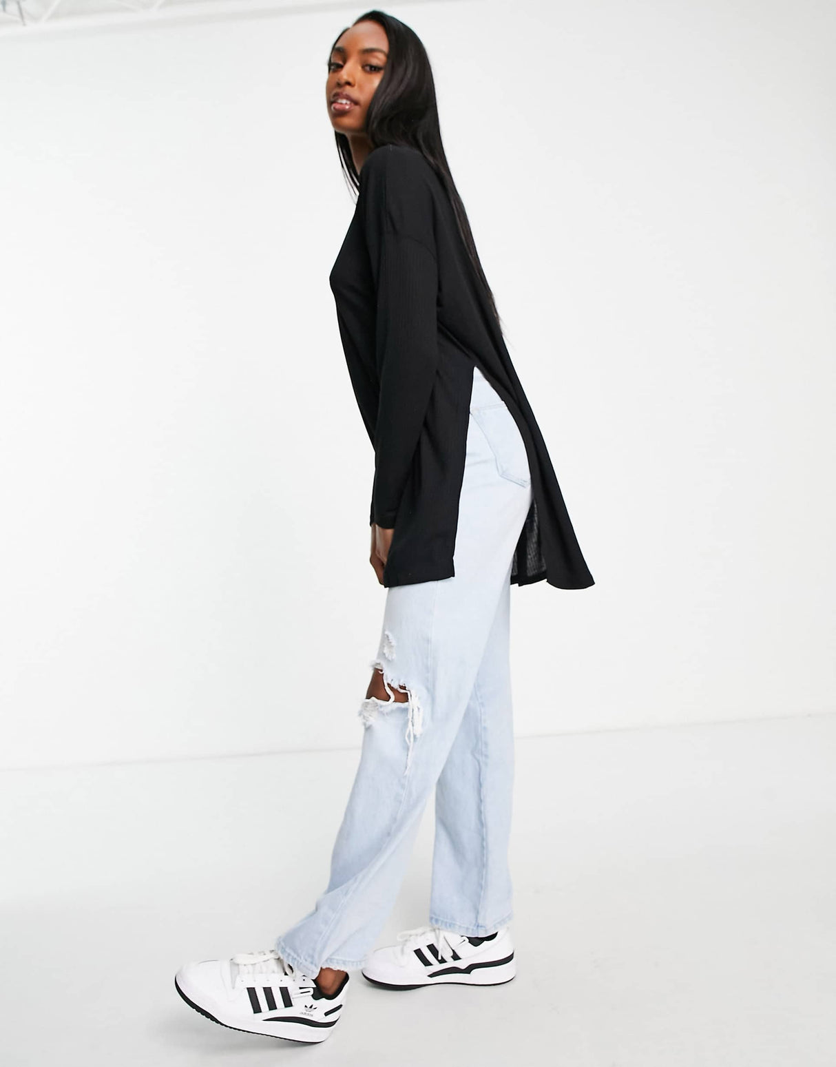 Asos Design Tall Top With Side Splits And Long Sleeve In Clean Rib In Black