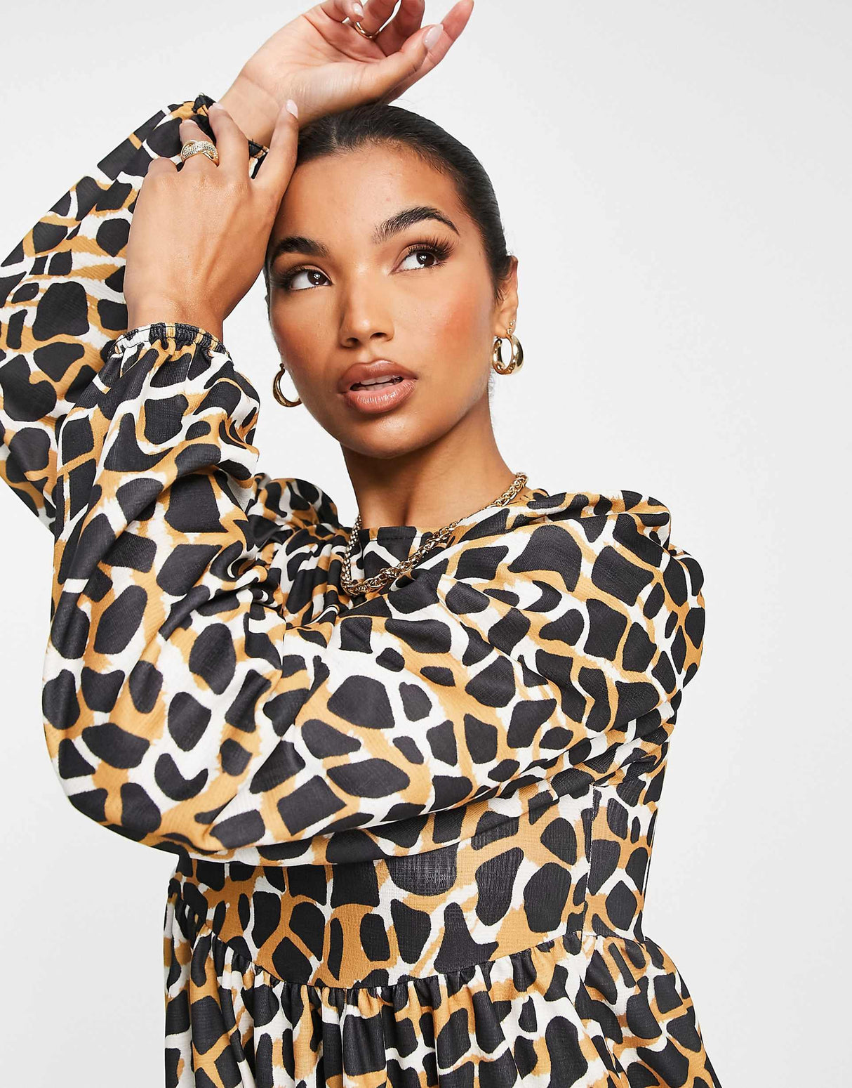 Asos Design Oversized Long Sleeve Mini Smock Dress In Large Scale Giraffe Print