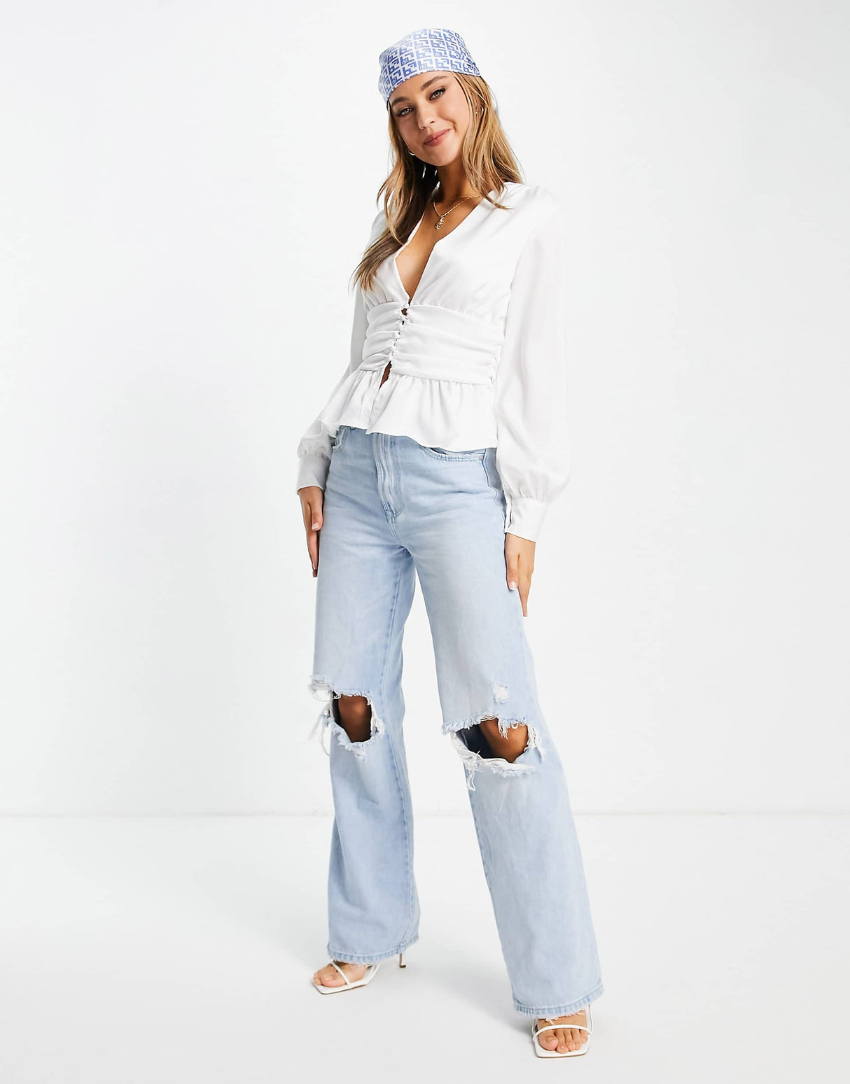 In The Style Exclusive Plunge Front Button Detail Top With Peplum Hem Detail In Ivory