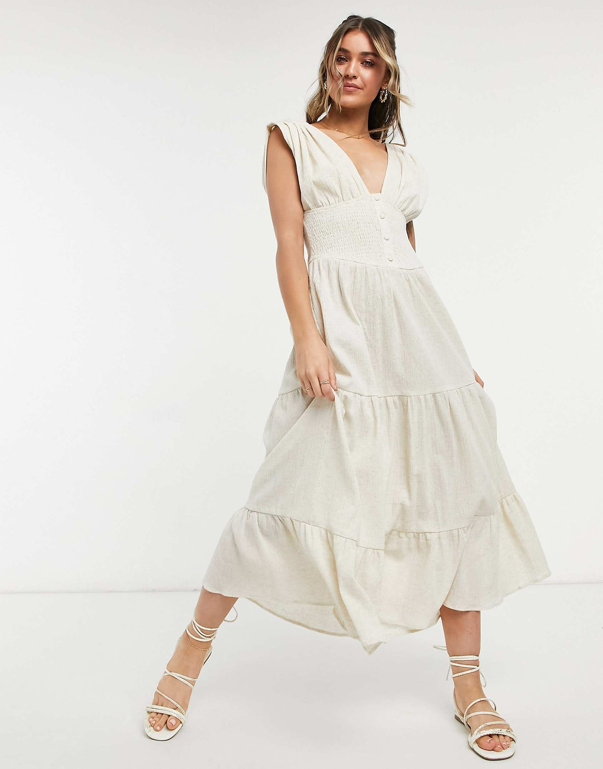 Asos Design Shirred Waist Button Front Tiered Midi Sundress In Crinkle In Oatmeal
