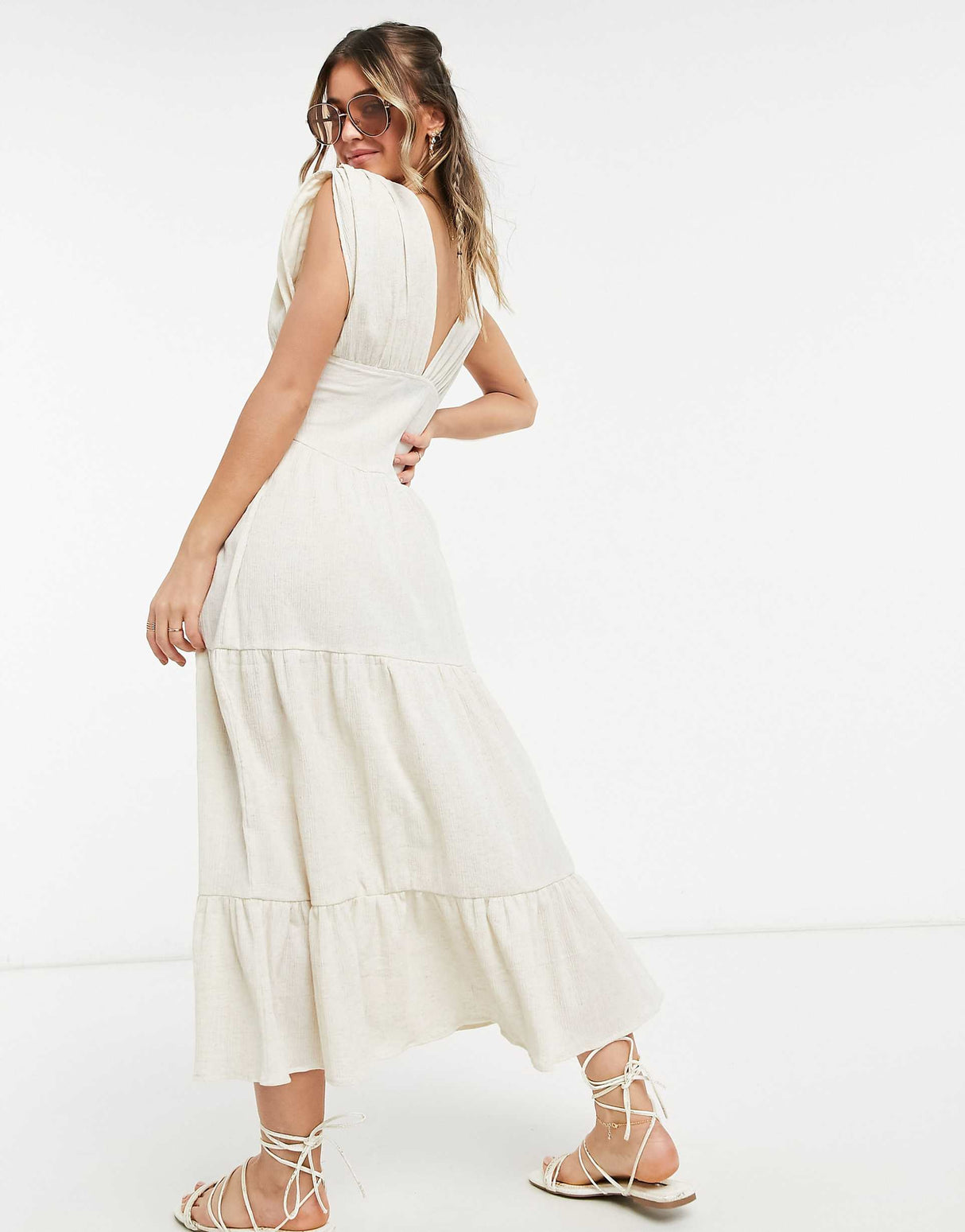 Asos Design Shirred Waist Button Front Tiered Midi Sundress In Crinkle In Oatmeal