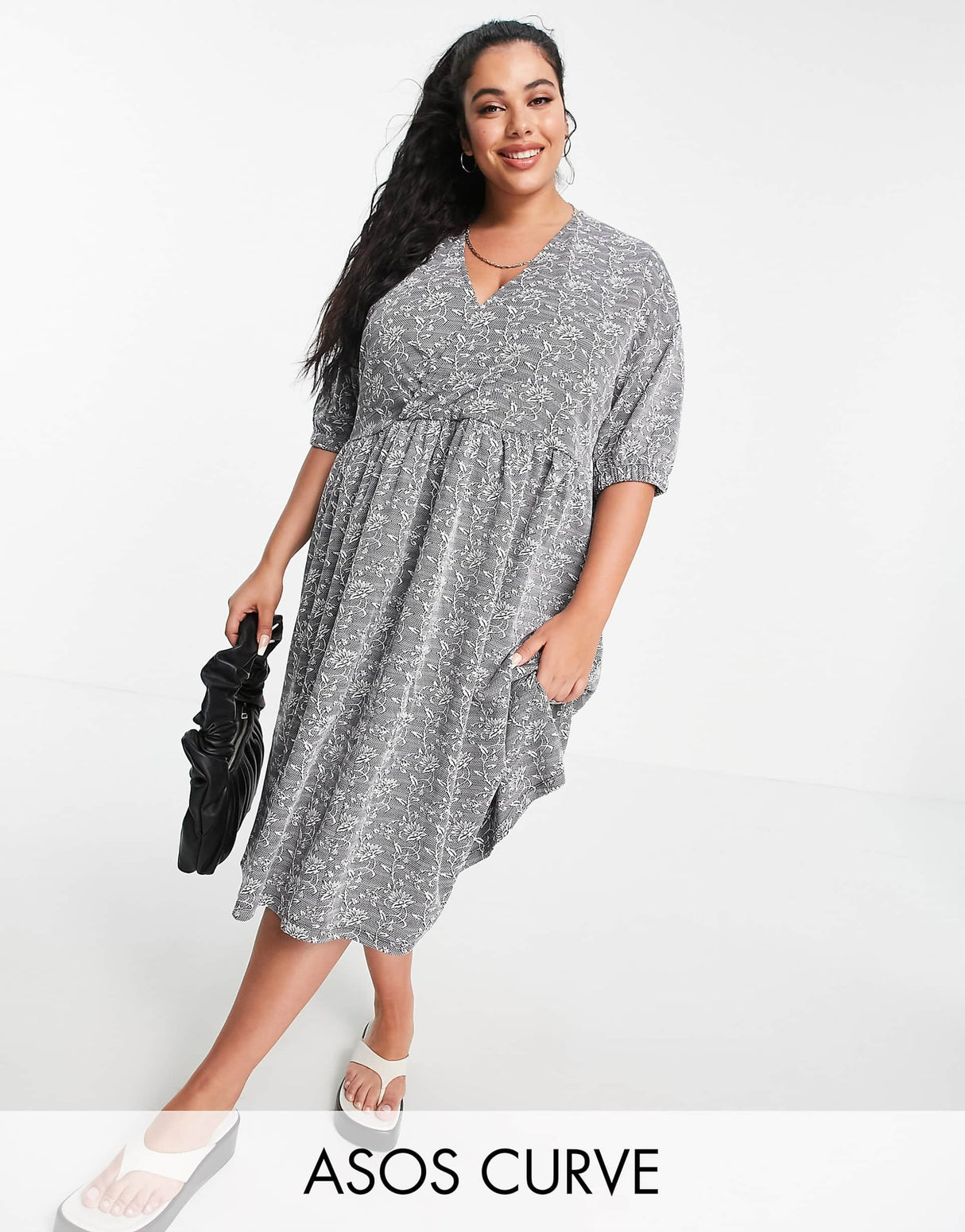 Asos Design Curve Jacquard Wrap Top Midi Dress In Black And White Floral