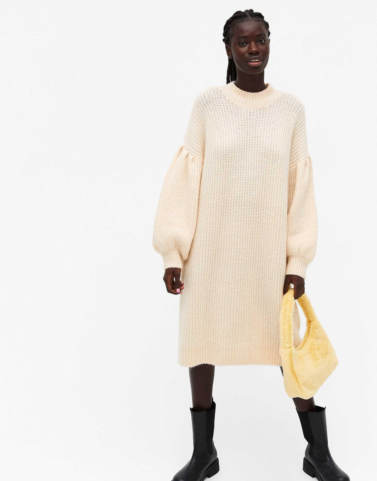 Monki Tina Puff Sleeve Knitted Midi Dress In Beige