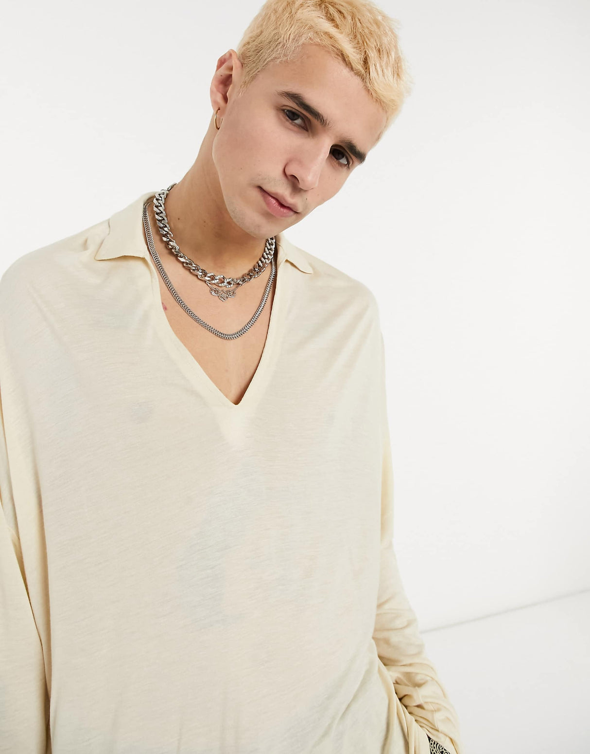 Asos Design Oversized Viscose Polo With Deep Revere Collar In Beige