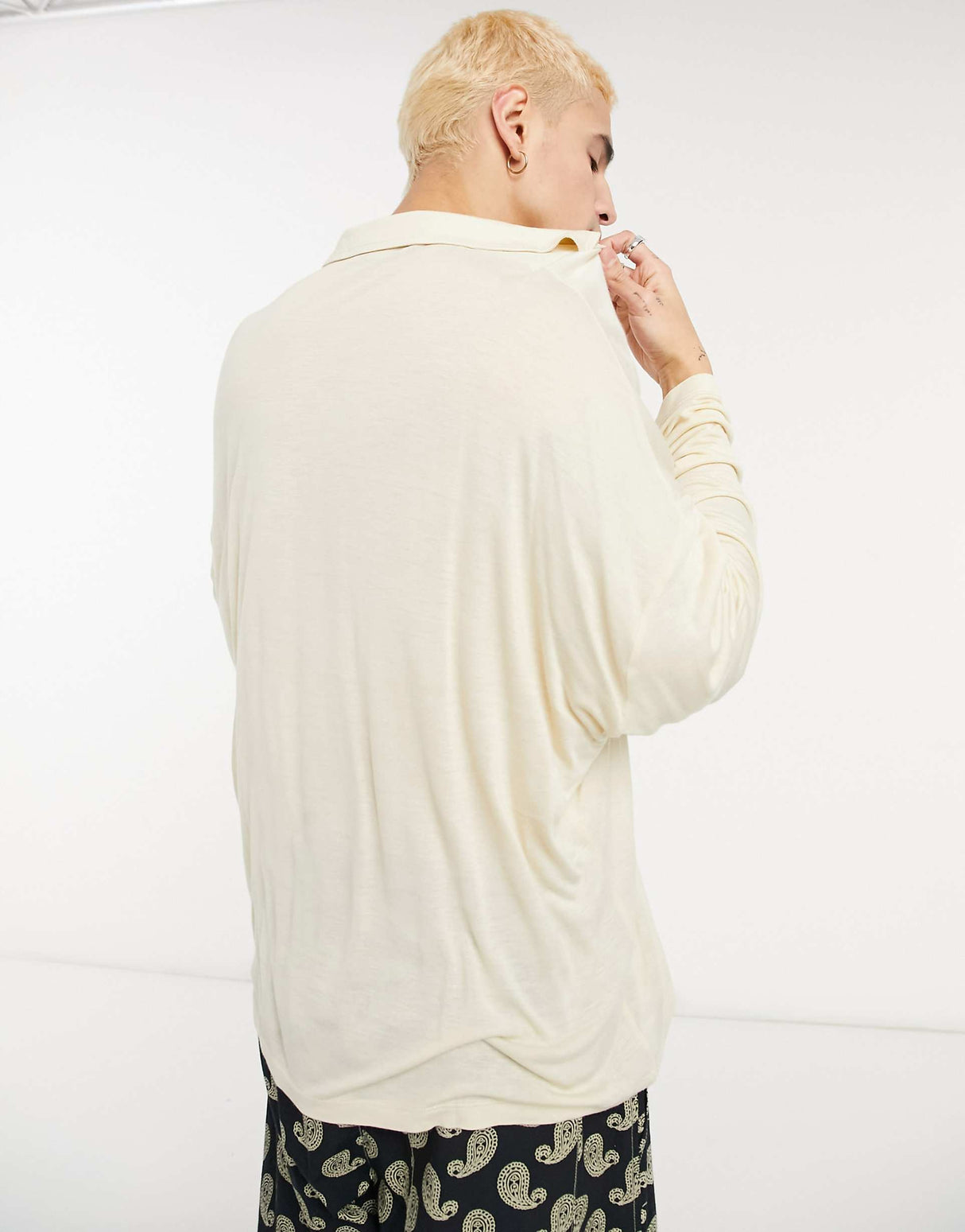 Asos Design Oversized Viscose Polo With Deep Revere Collar In Beige