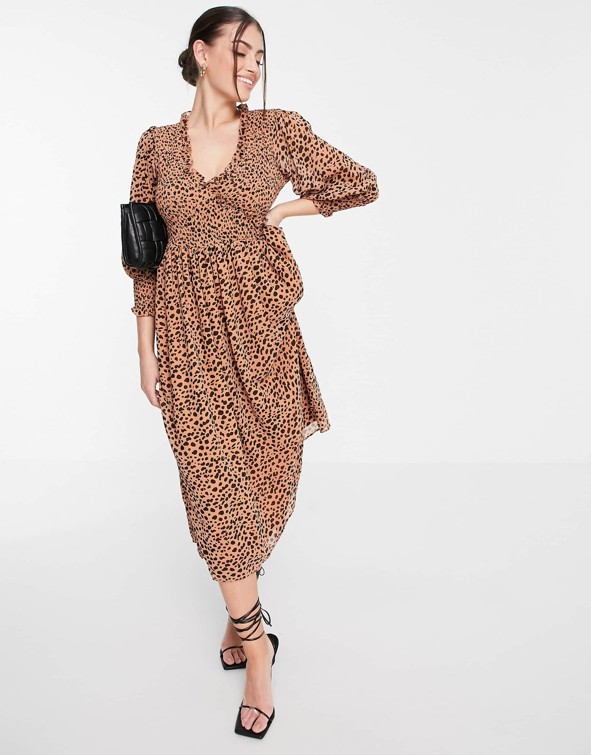 Asos Design Midi Smock Dress With Shirred Cuffs In Spot Print