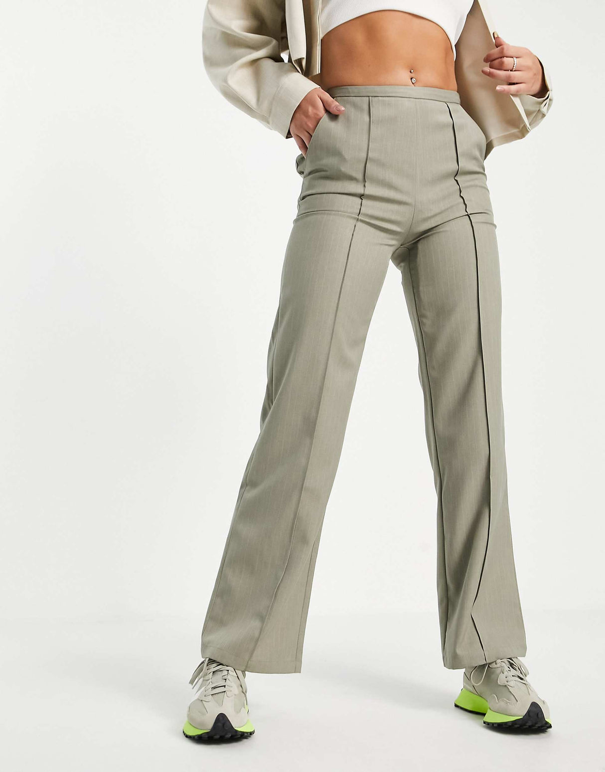 Collusion Straight Leg Trousers In Taupe Pinstripe