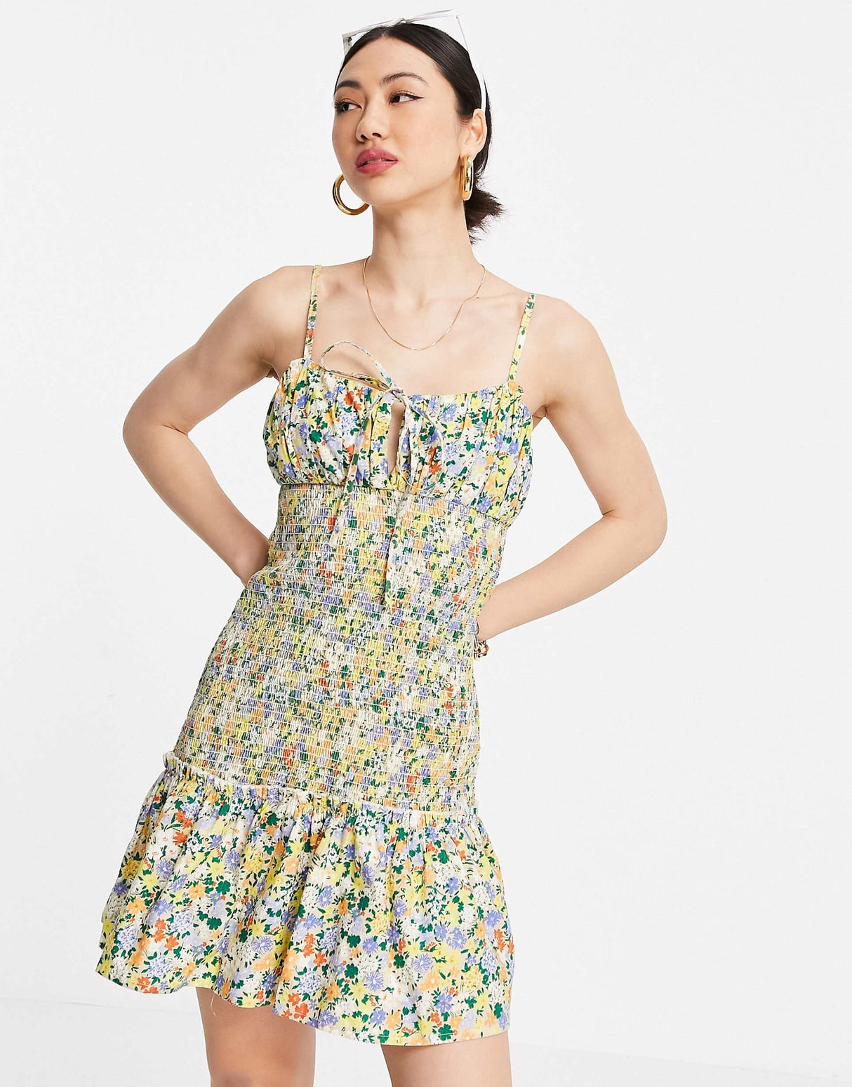 Asos Design Ruched Bust Cami Mini Sundress With Shirred Waist In Cotton Poplin In Floral Print