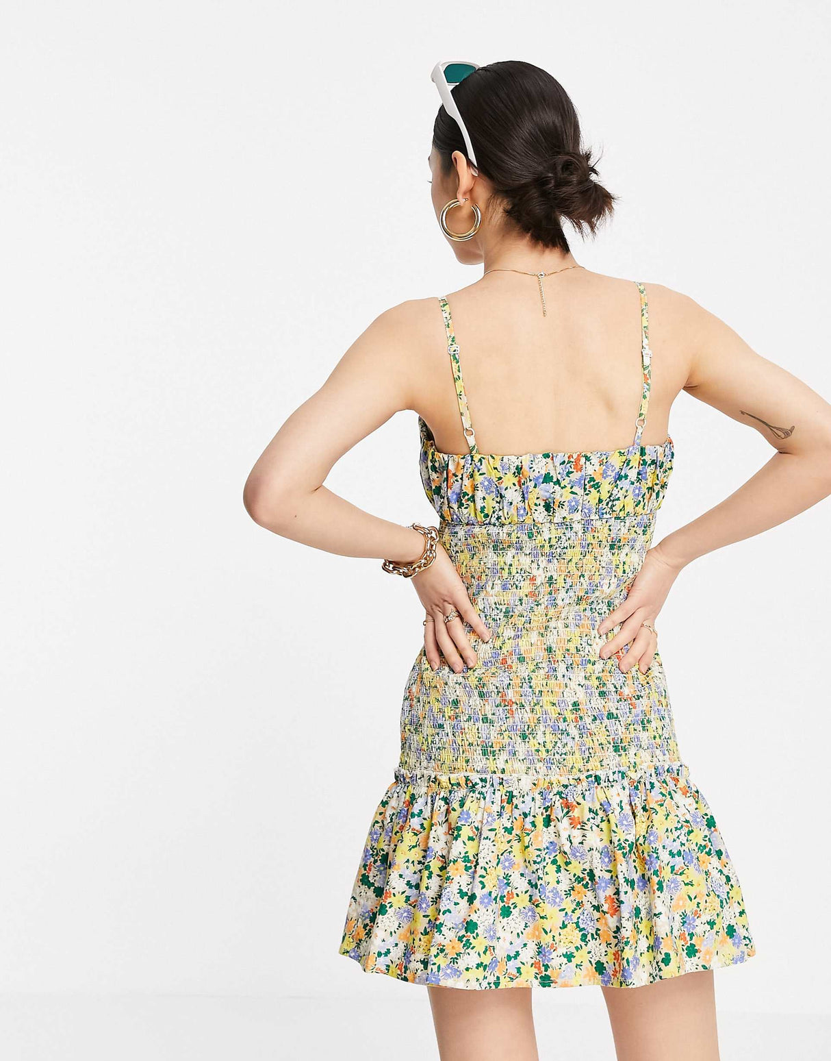 Asos Design Ruched Bust Cami Mini Sundress With Shirred Waist In Cotton Poplin In Floral Print