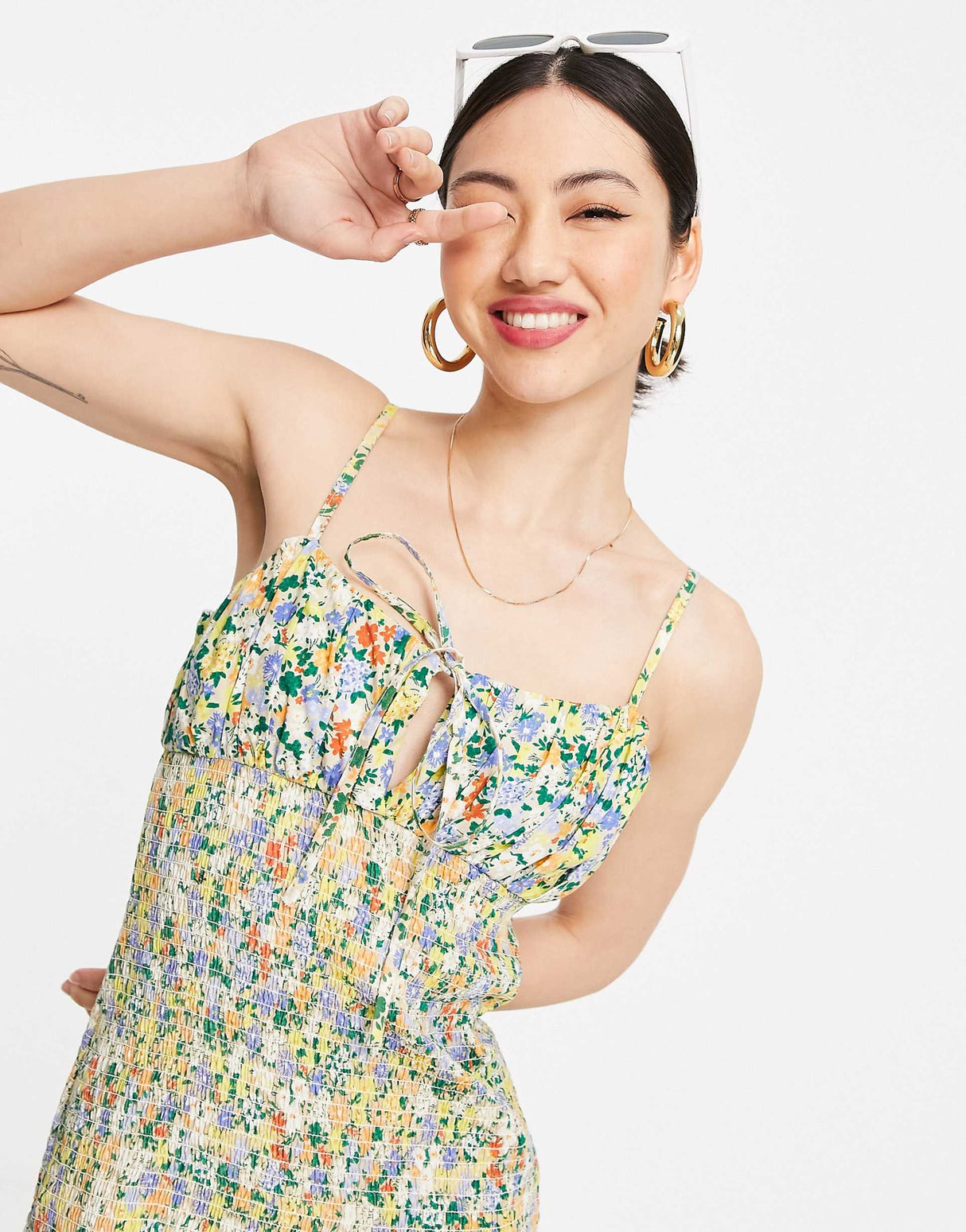 Asos Design Ruched Bust Cami Mini Sundress With Shirred Waist In Cotton Poplin In Floral Print