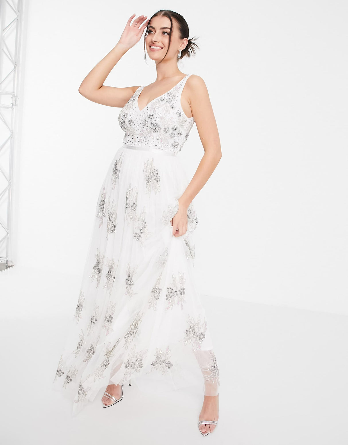 Maya Embellished Column Maxi Dress In White