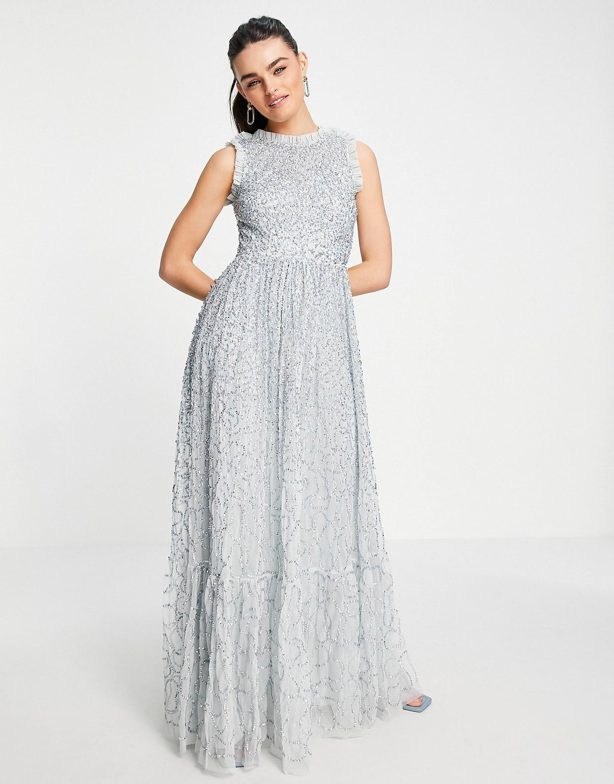 Maya All Over Embellished Maxi Dress With Lace Top In Ice Blue