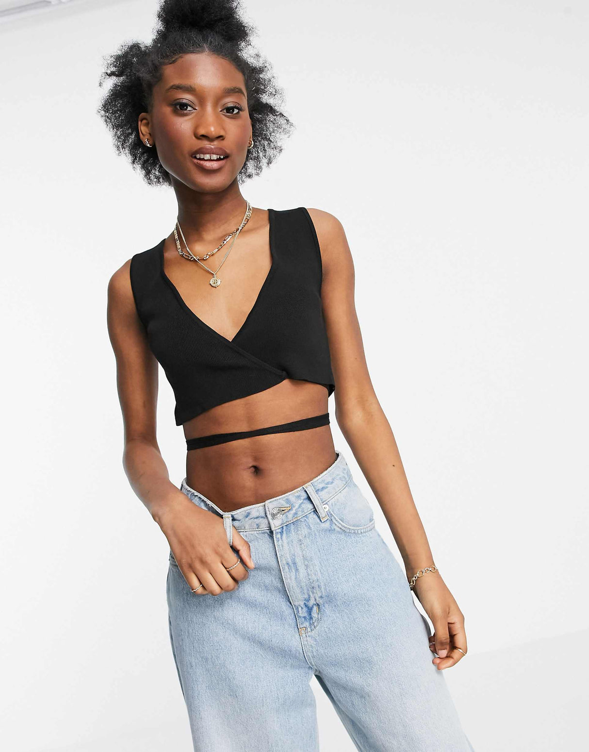Asos Design Sleeveless Knitted Wrap Crop Top With Tie Detail In Black