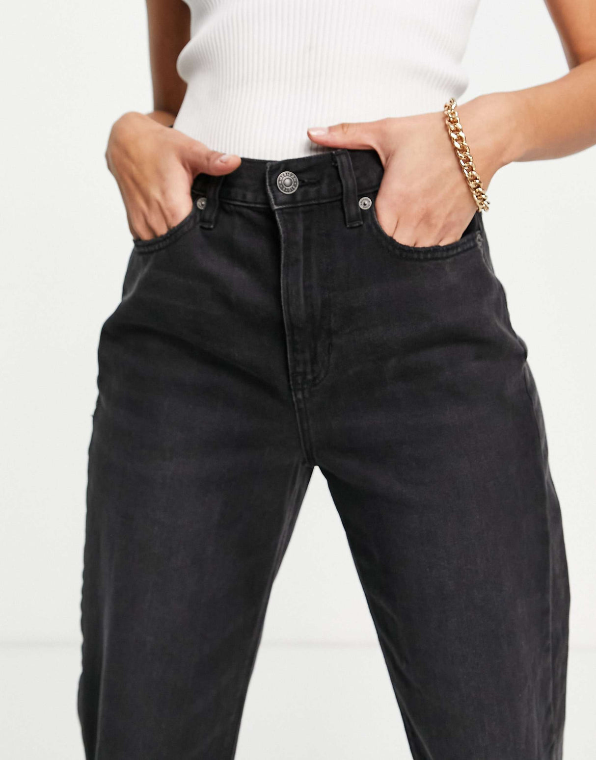 American Eagle Relaxed Mom Jeans With Ripped Knees In Washed Black
