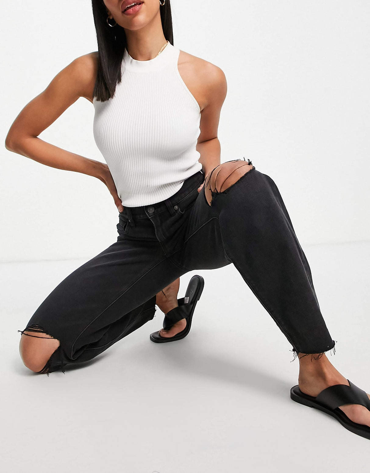 American Eagle Relaxed Mom Jeans With Ripped Knees In Washed Black