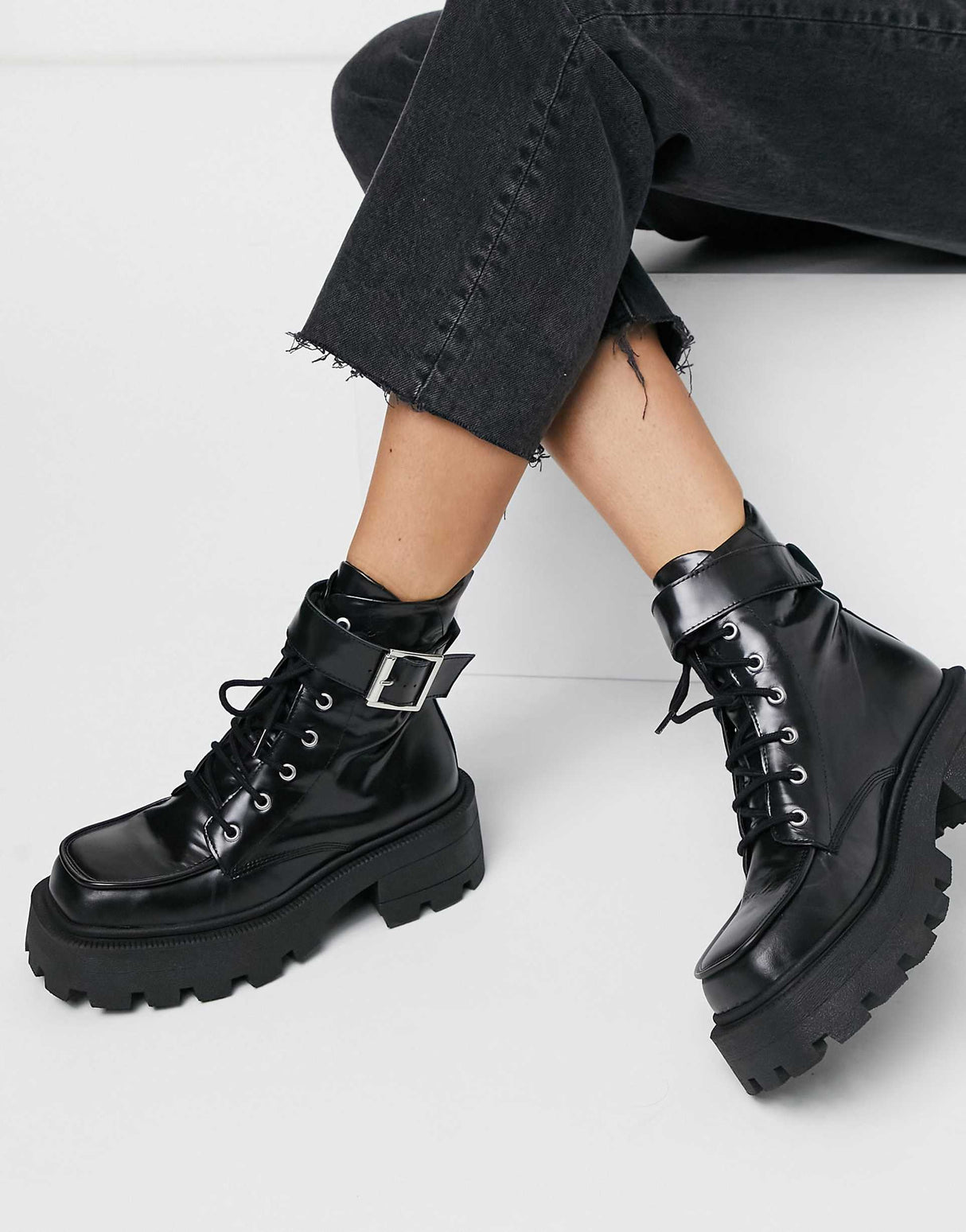 Asos Design Acute Leather Chunky Square Toe Lace Up Boots In Black