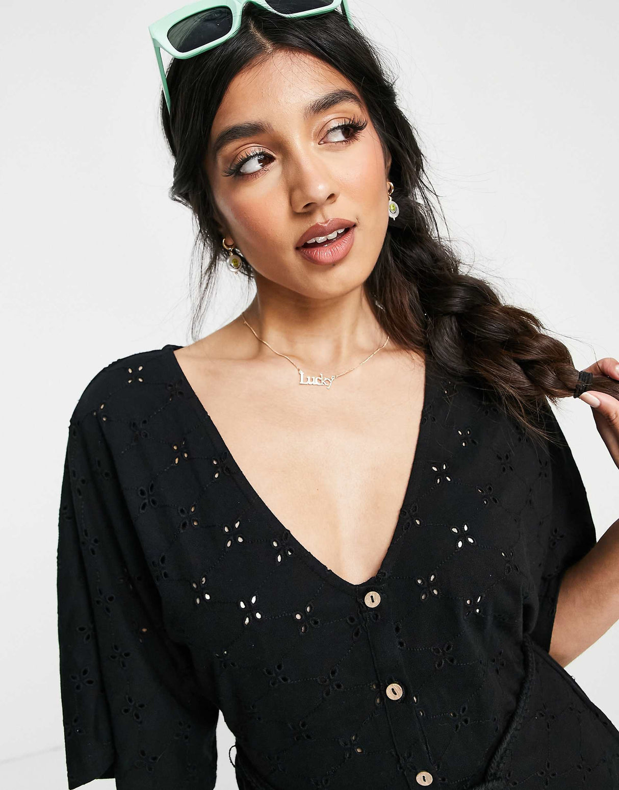 Asos Design Broderie Button Front Rope Tie Playsuit In Black