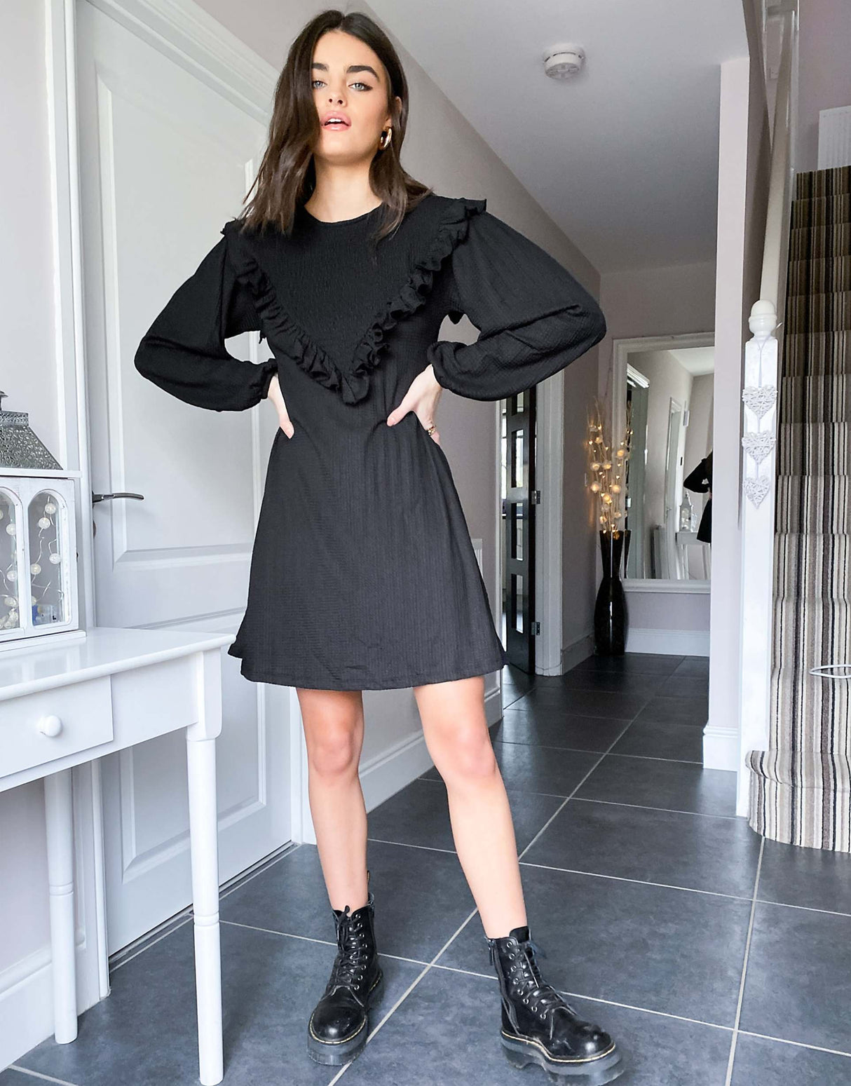 River Island Shirred Yoke Frill Mini Dress In Black