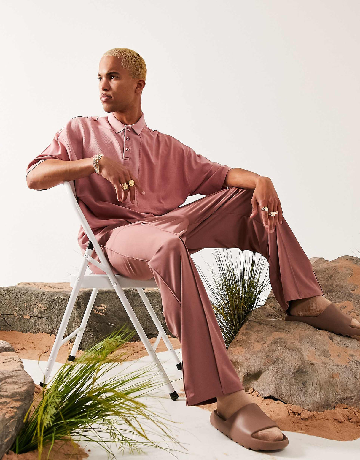 Asos Design Oversized Polo In Washed Pink With Waffle