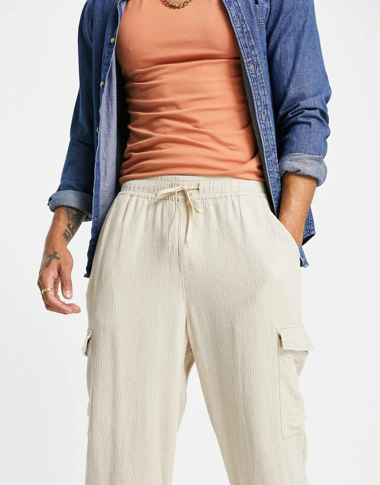 Asos Design Oversized Tapered Trousers With Cargo Pockets In Beige Texture