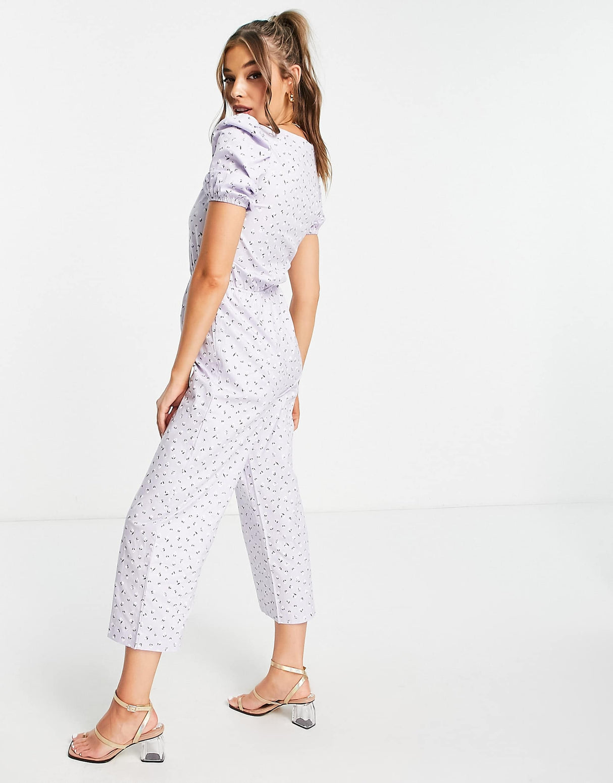 Monki Jumpsuit With Puff Sleeves In Lilac Floral Print