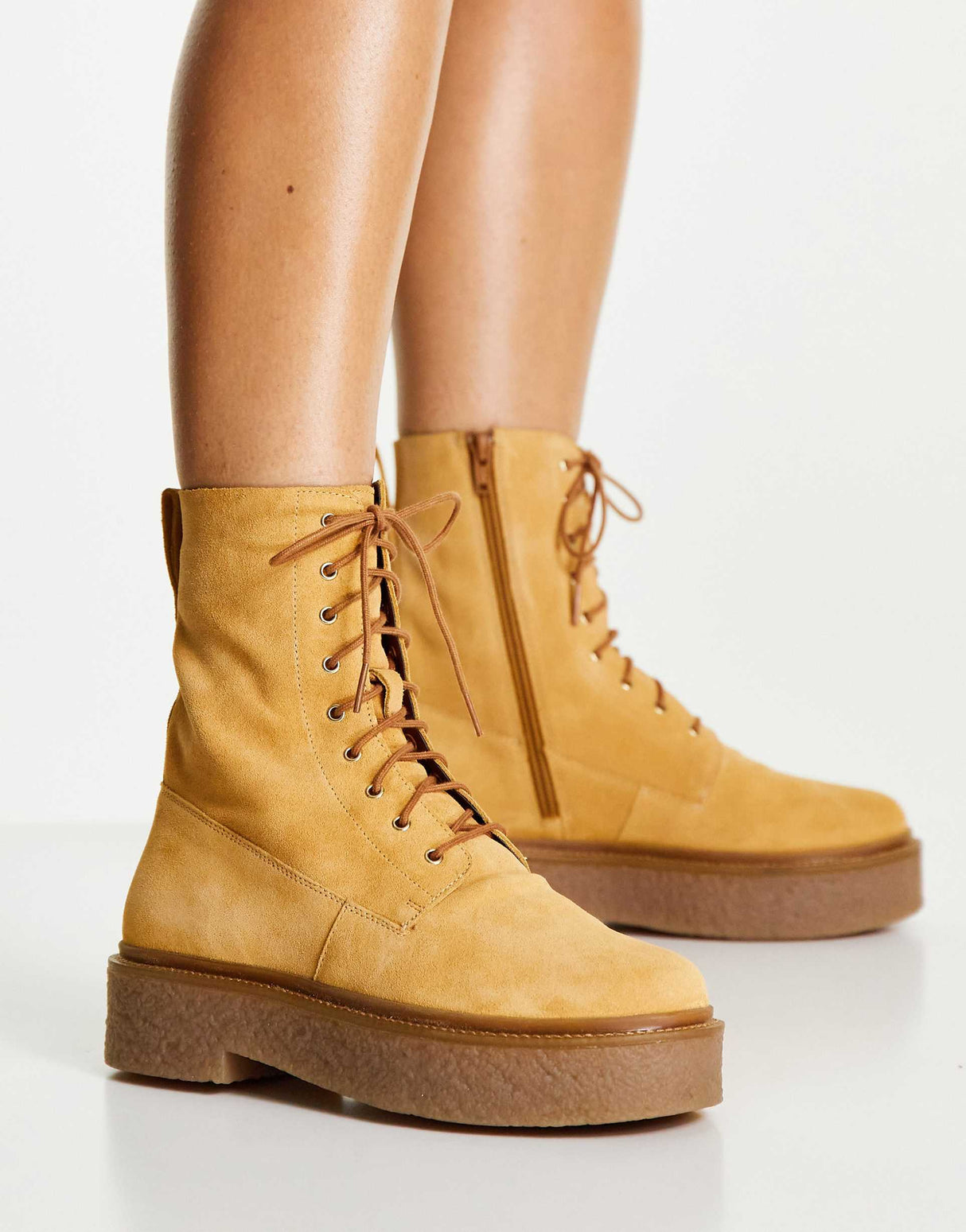 Asos Design Acolade Premium Suede Flat Lace Up Boots In Sand