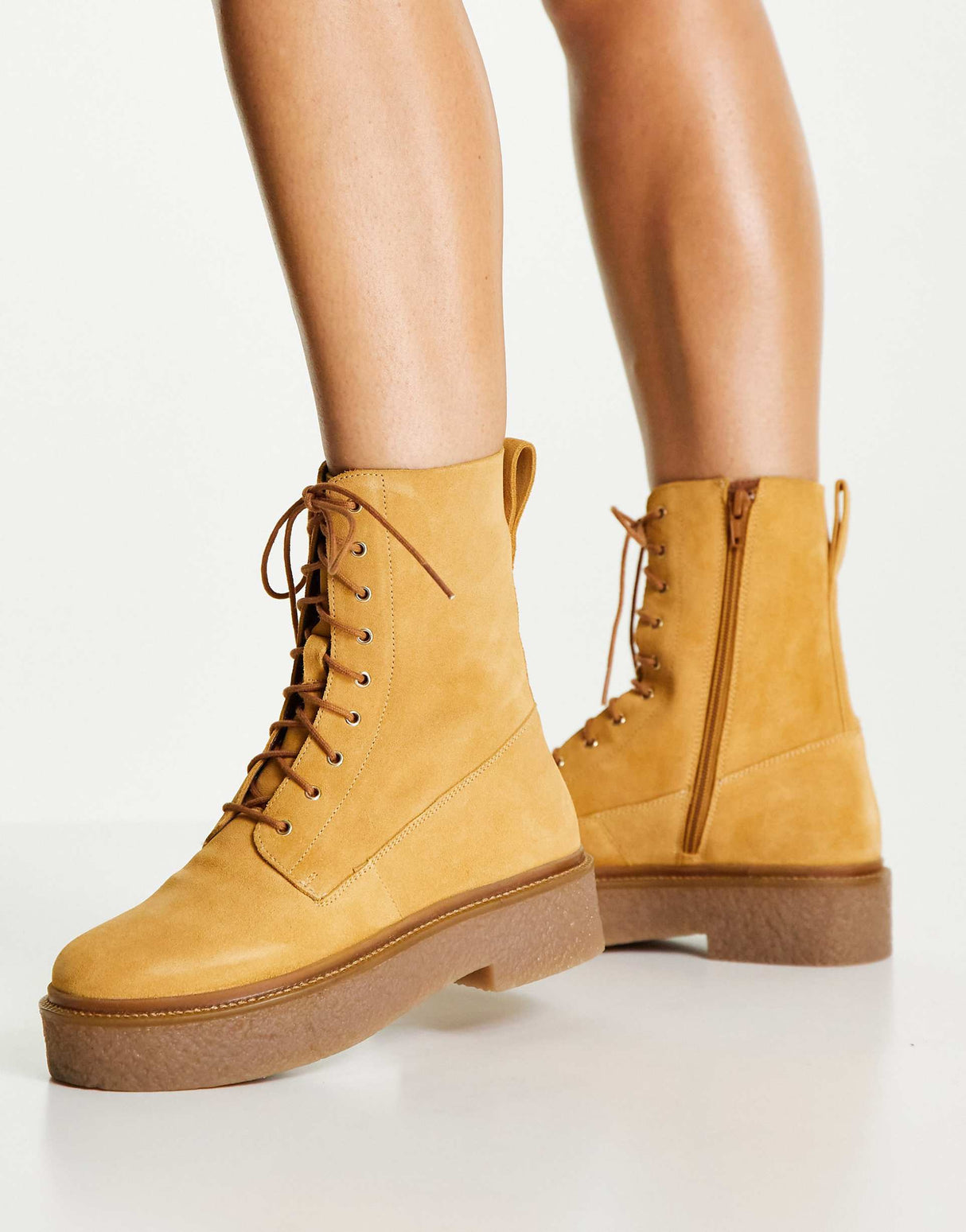 Asos Design Acolade Premium Suede Flat Lace Up Boots In Sand