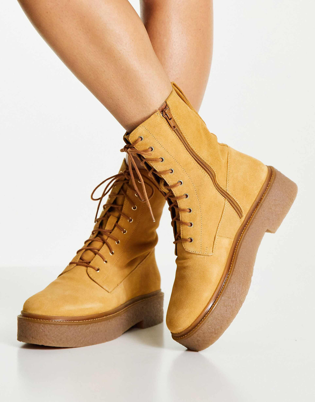 Asos Design Acolade Premium Suede Flat Lace Up Boots In Sand