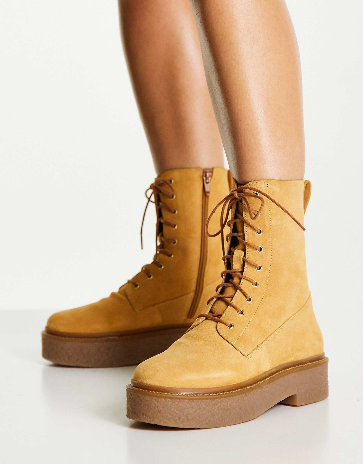 Asos Design Acolade Premium Suede Flat Lace Up Boots In Sand