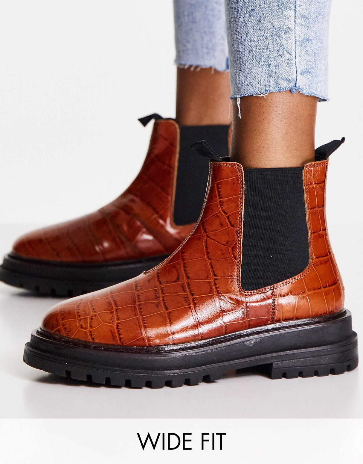 Asos Design Wide Fit Appreciate Leather Chelsea Boots In Tan Croc