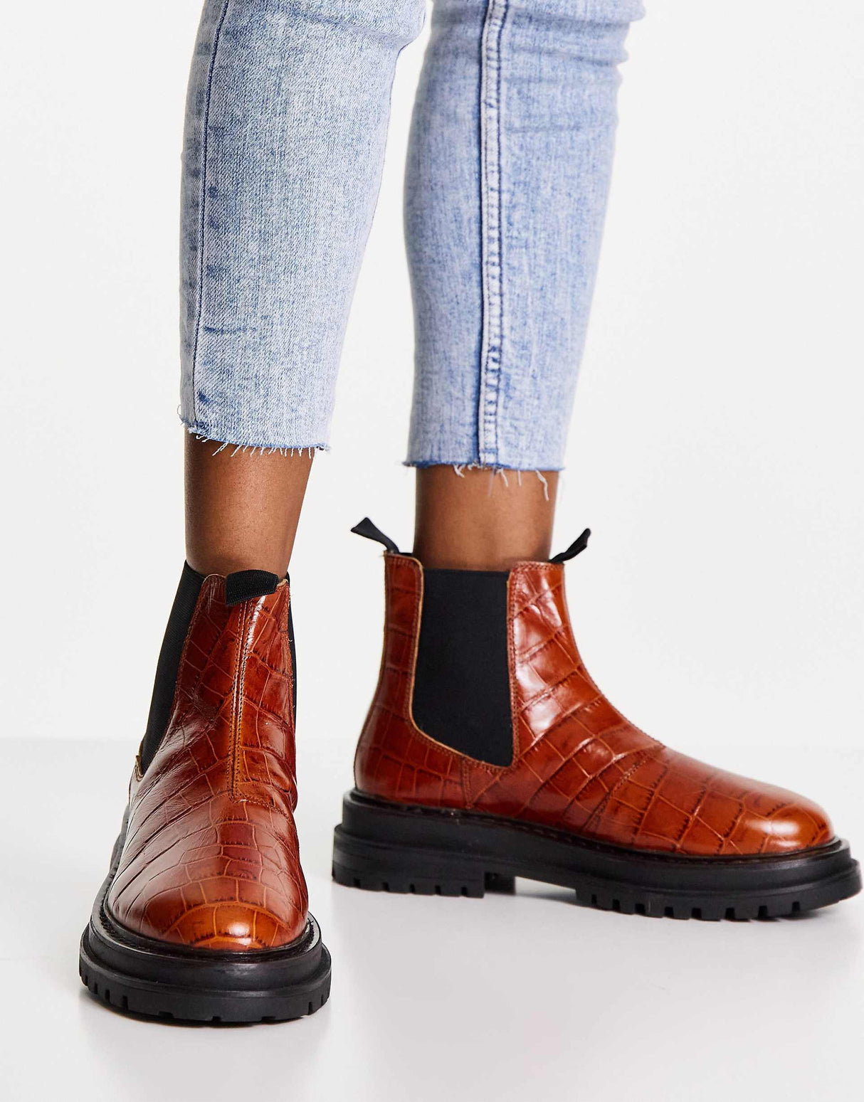 Asos Design Wide Fit Appreciate Leather Chelsea Boots In Tan Croc