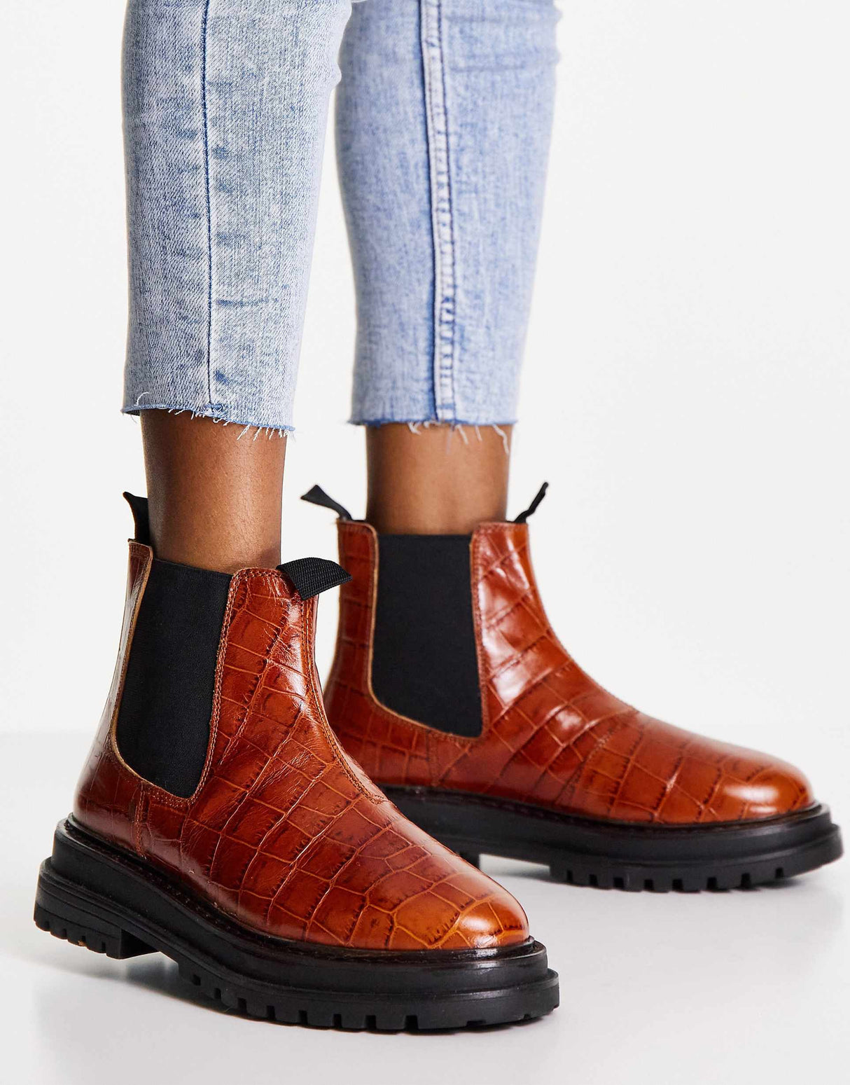 Asos Design Wide Fit Appreciate Leather Chelsea Boots In Tan Croc