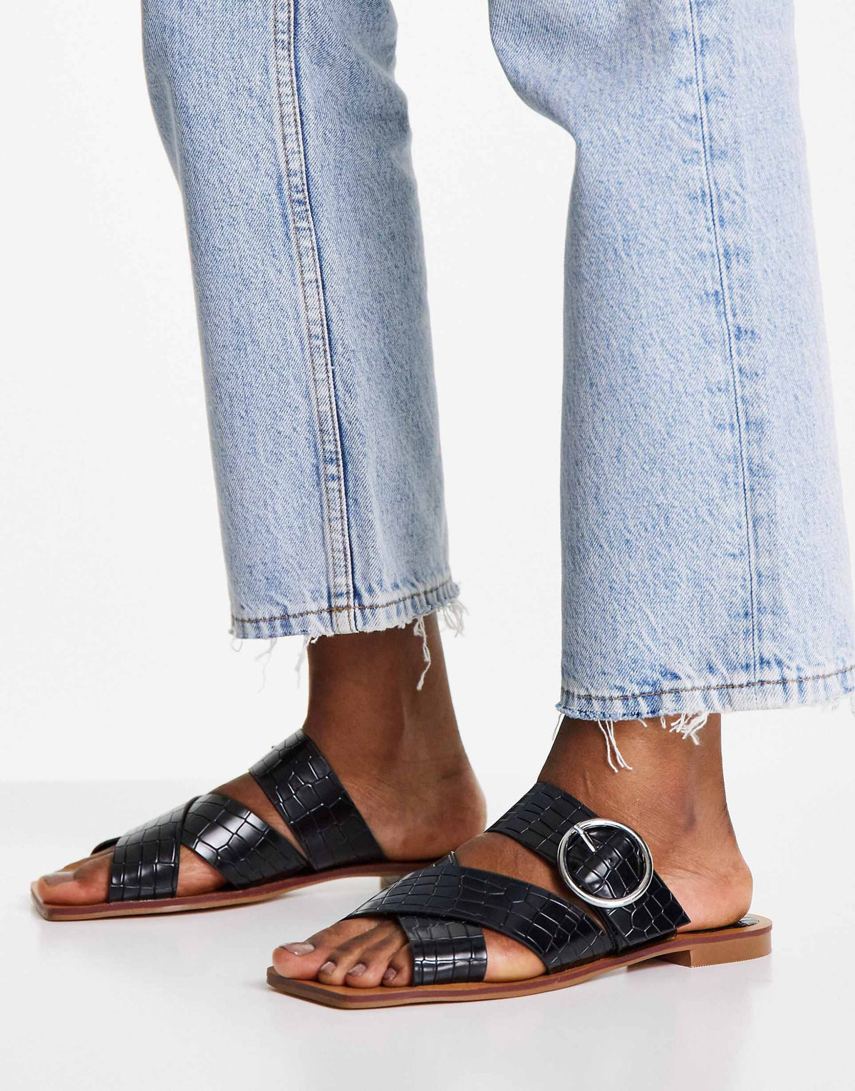 Schuh Tiny Flat Sandals With Square Toe In Black Croc