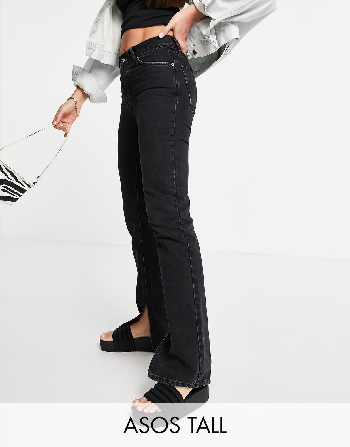 Asos Design Tall Cotton Blend Mid Rise '90'S' Straight Leg Jeans In Washed Black With Split Hem