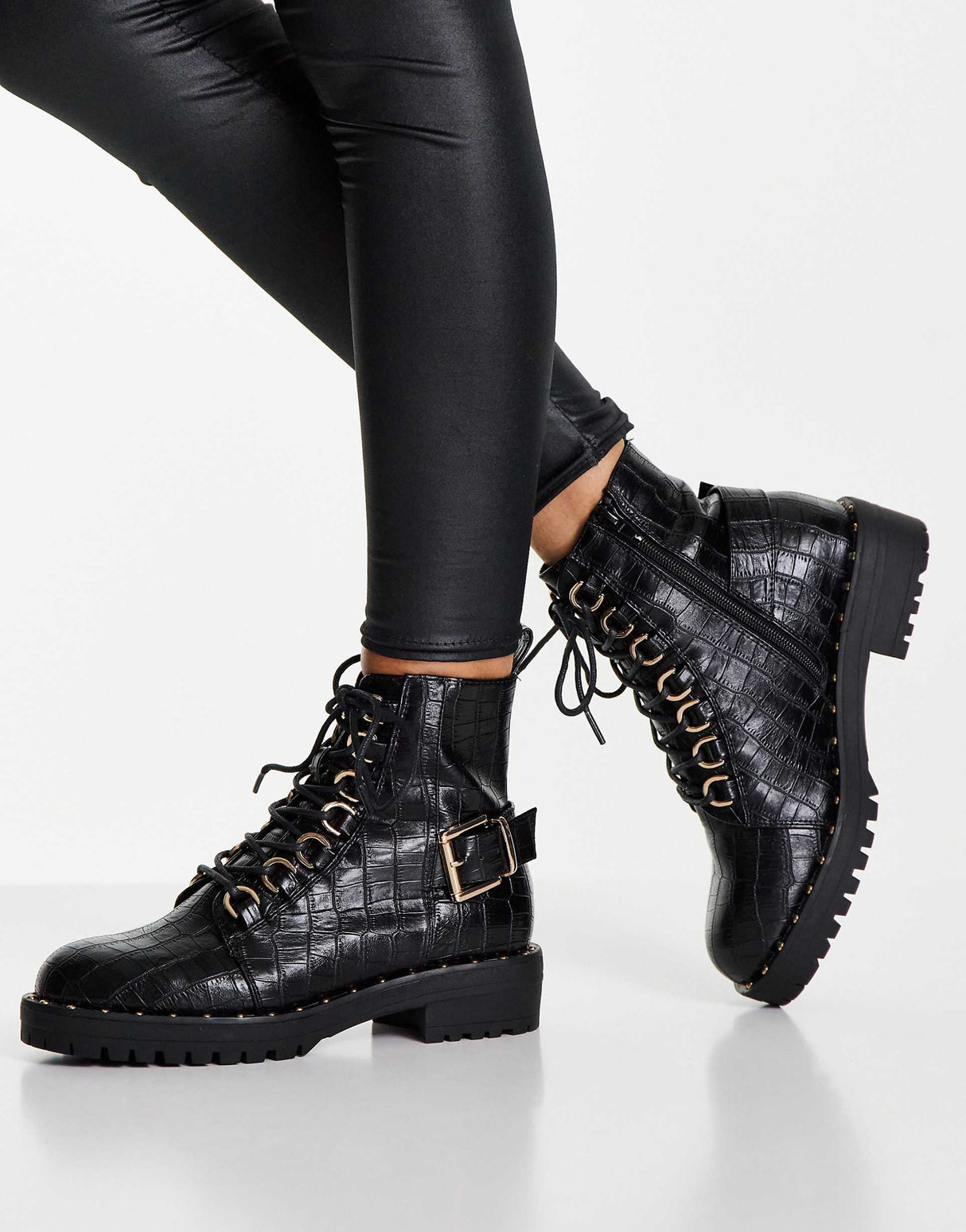 Asos Design Aura Lace Up Hiker Boots In Black Croc