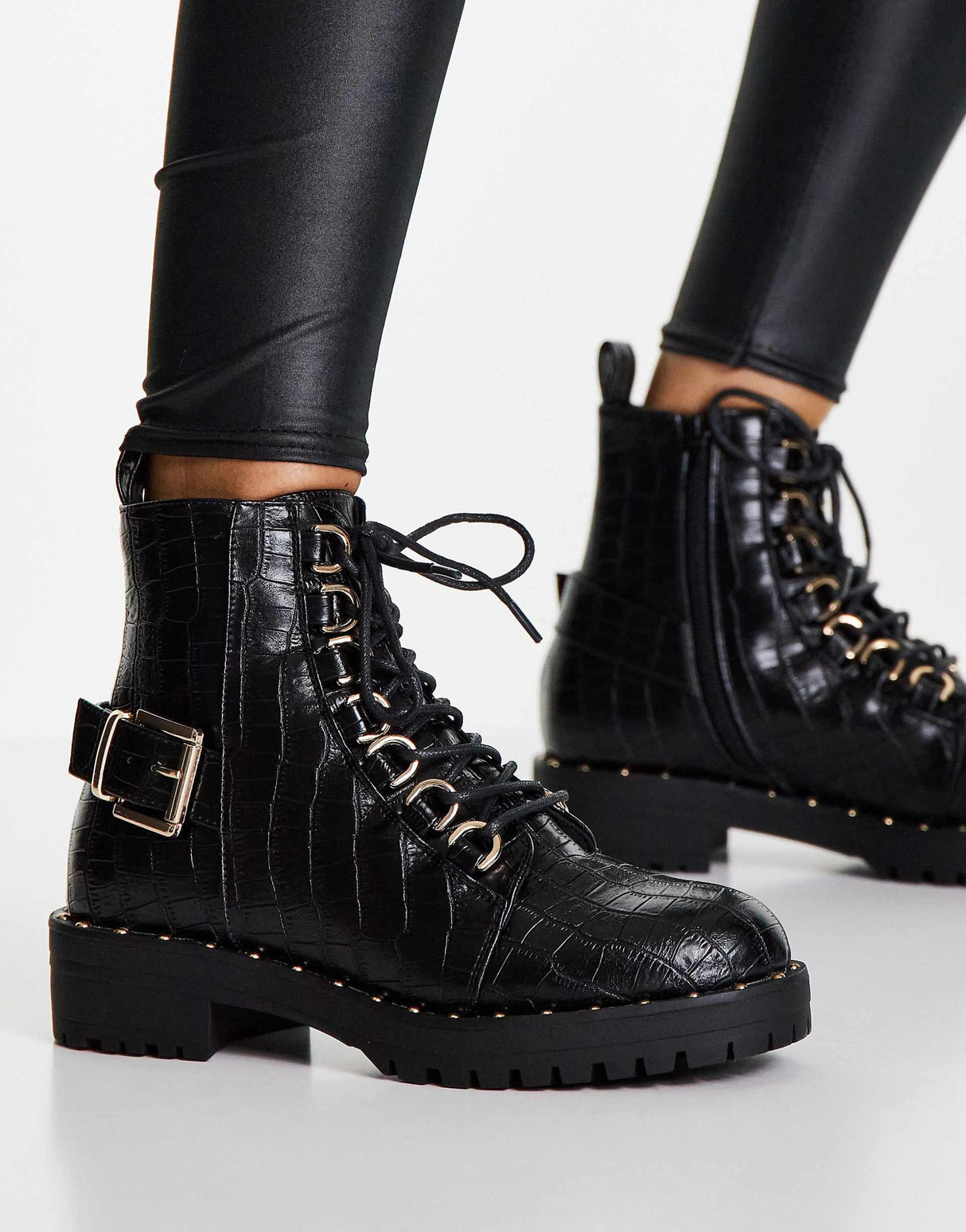 Asos Design Aura Lace Up Hiker Boots In Black Croc