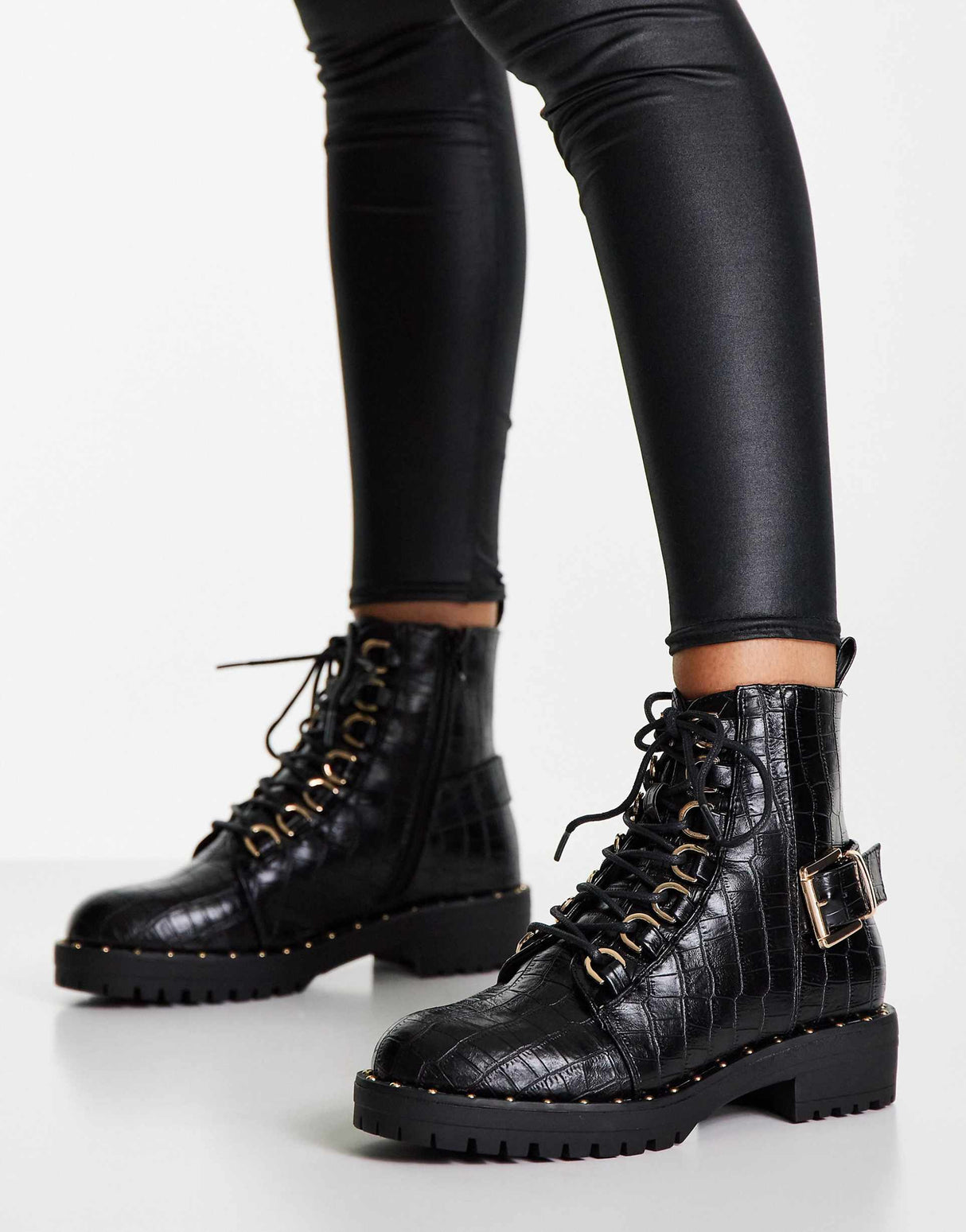 Asos Design Aura Lace Up Hiker Boots In Black Croc